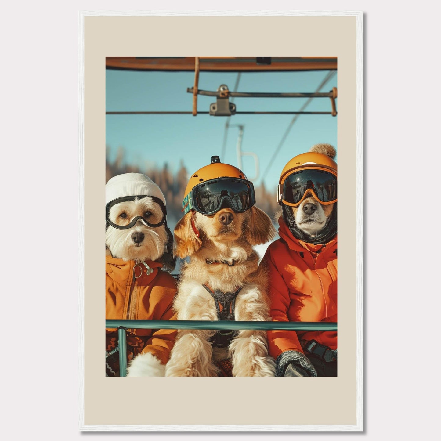 This charming photo features three adorable dogs dressed in winter gear, complete with helmets and goggles, enjoying a ride on a ski lift. The bright blue sky and snowy background add to the fun and adventurous atmosphere.