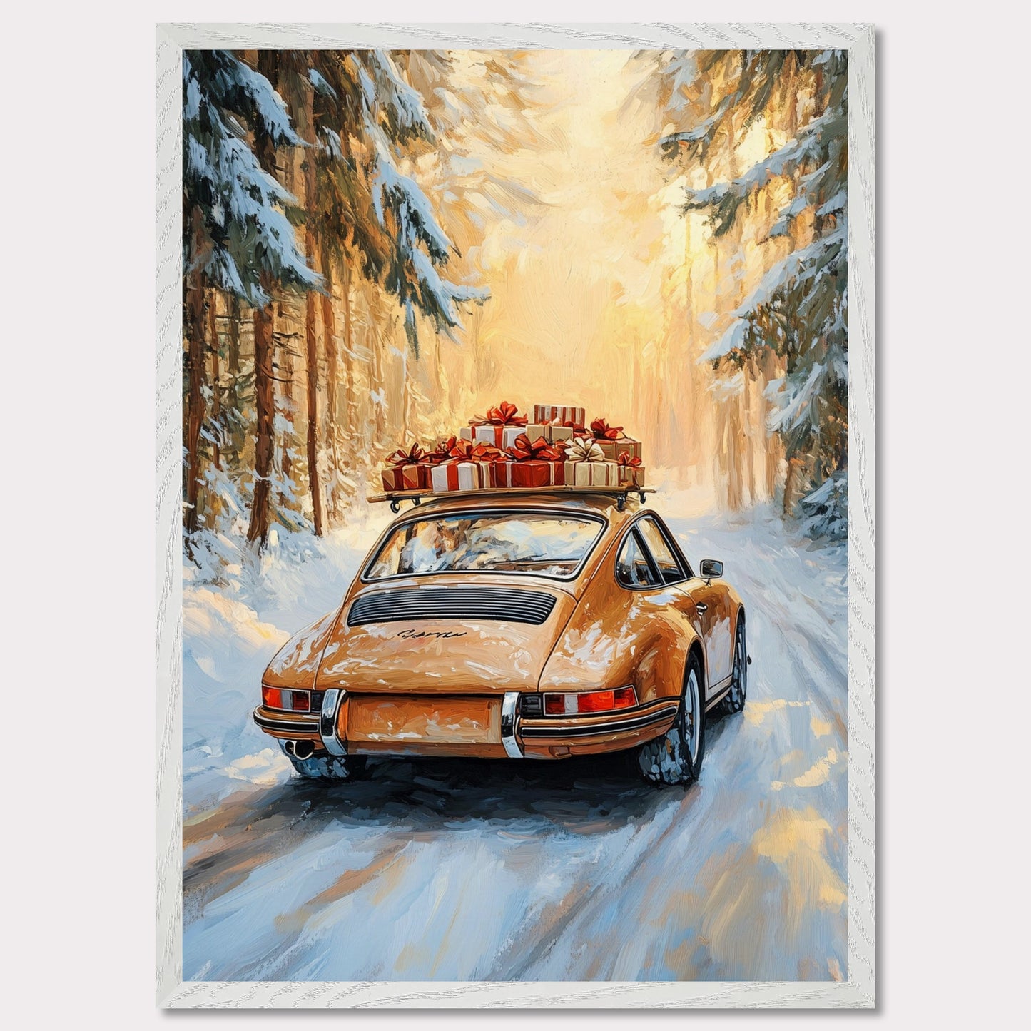 This festive poster showcases a yellow Porsche navigating a snow-covered path with holiday presents stacked on its roof. The warm glow from the trees lining the road creates a magical winter scene, while the "Merry Christmas" typography evokes the warmth and joy of the holiday season. The combination of sleek design and a peaceful winter landscape makes this a perfect holiday greeting.