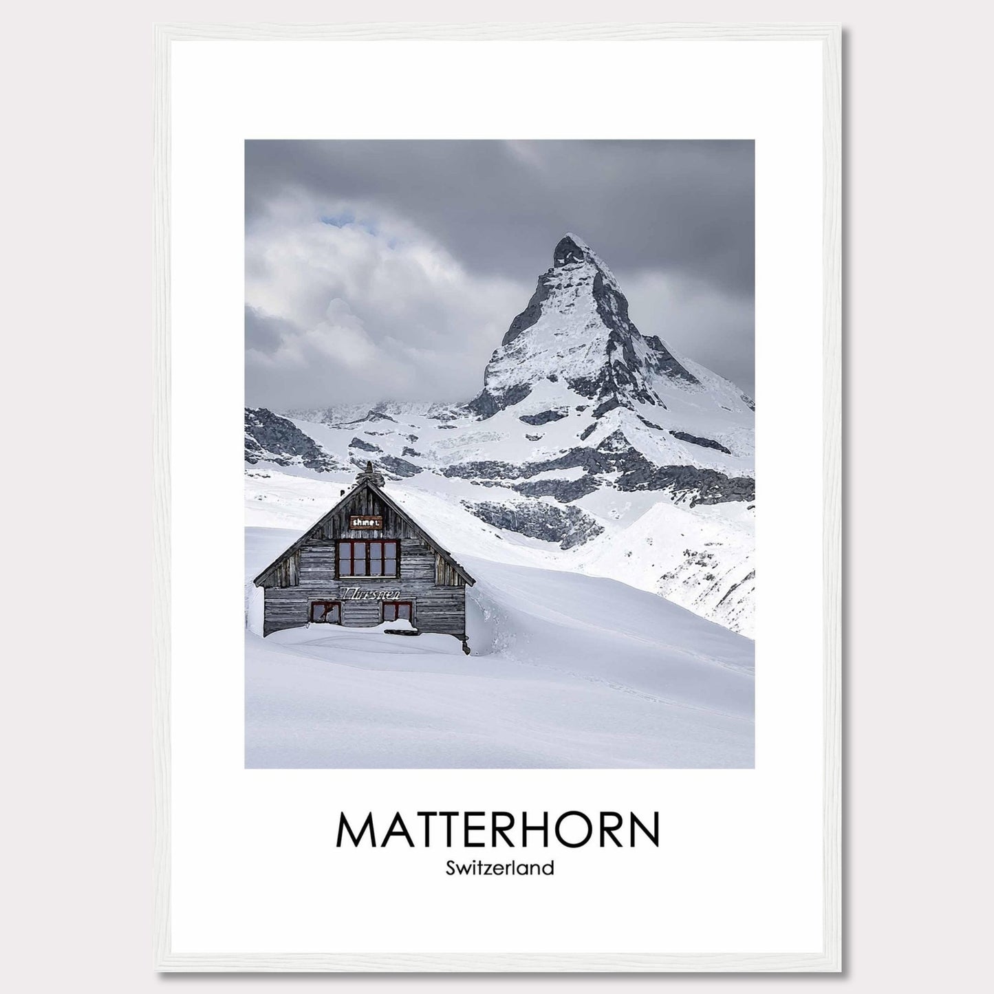 This stunning photograph captures the iconic Matterhorn in Switzerland, with a charming wooden cabin nestled in the snow-covered landscape. The majestic peak rises dramatically against a cloudy sky, creating a breathtaking scene of natural beauty.