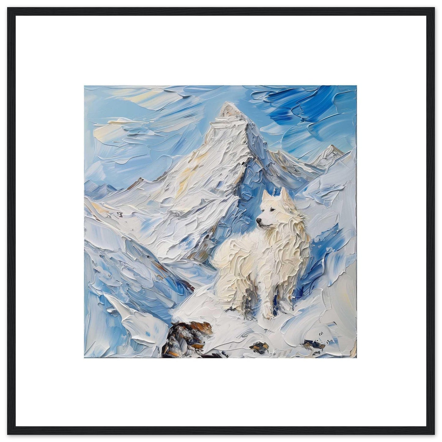 This painting depicts a majestic white dog standing proudly amidst a snowy mountain landscape. The thick, textured brushstrokes create a sense of movement and coldness in the scene.