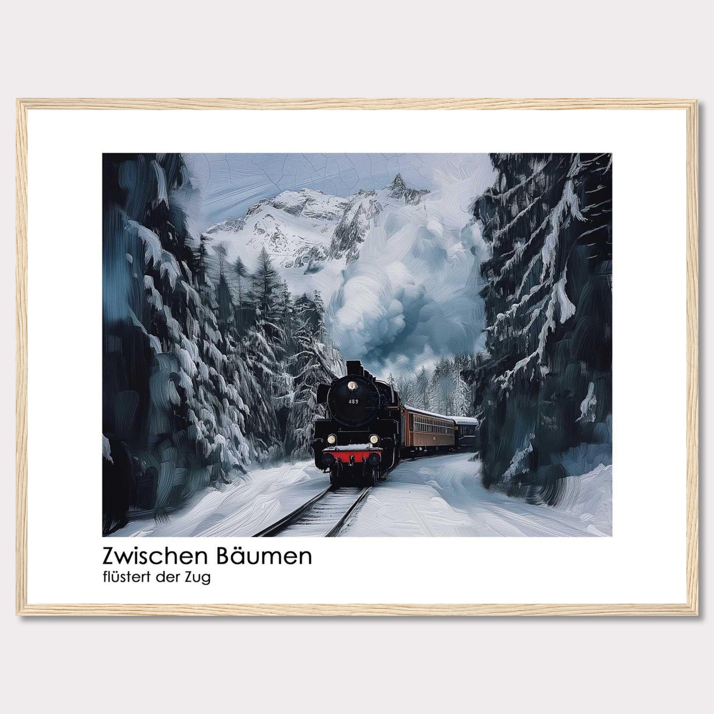 This captivating image depicts a steam train chugging through a snowy forest, with towering pine trees on either side and majestic snow-covered mountains in the background. The scene is serene and picturesque, capturing the essence of winter wonderland.