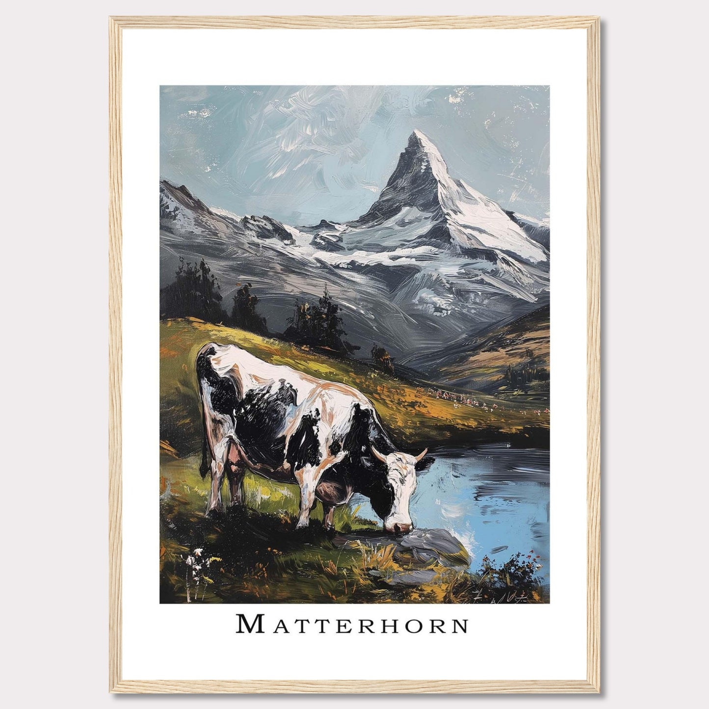 This captivating artwork captures the serene beauty of the Matterhorn with a cow grazing by a tranquil lake in the foreground. The majestic snow-capped peak stands tall against a clear sky, surrounded by lush greenery and reflective waters.