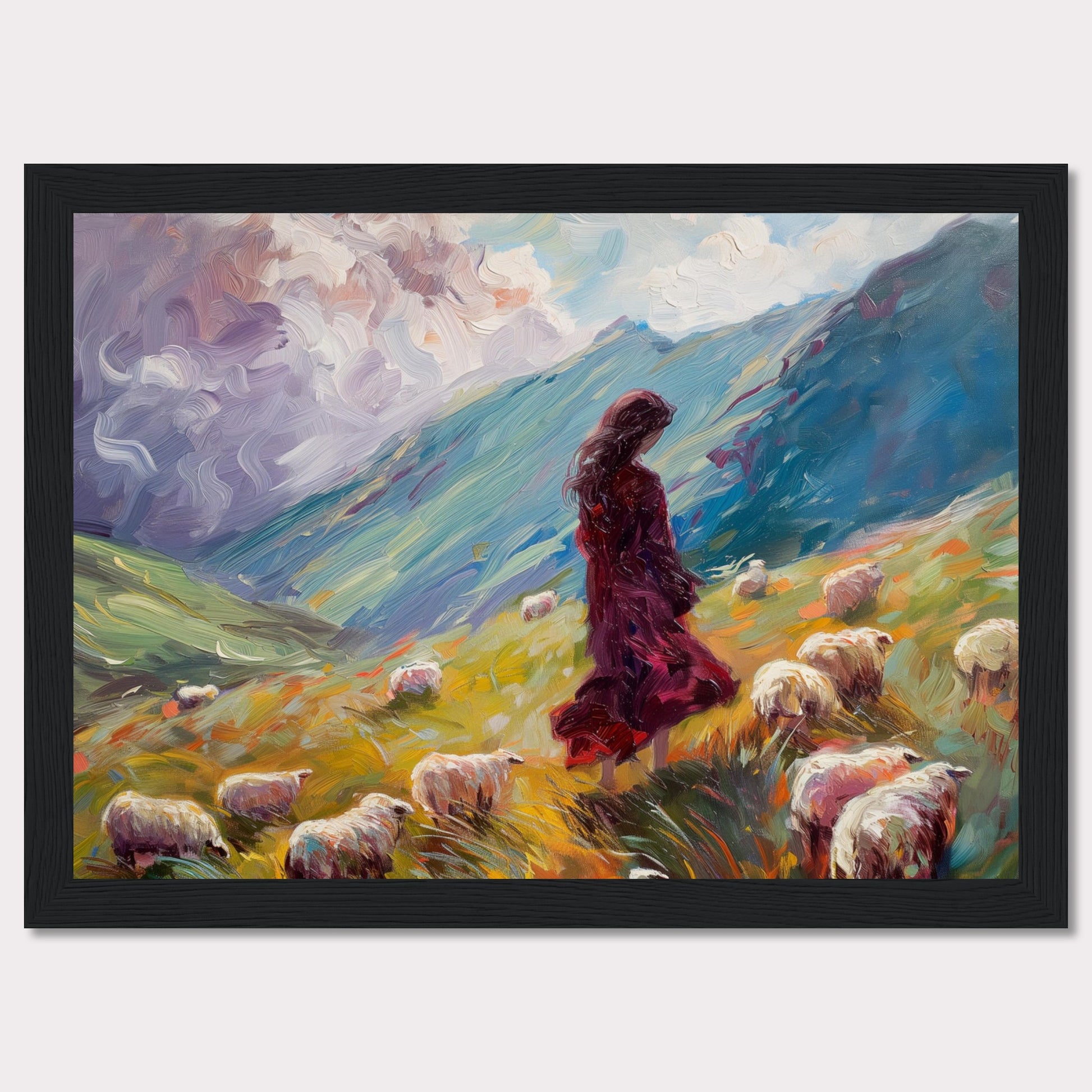 This captivating painting portrays a serene pastoral scene where a woman in a flowing red dress stands amidst a flock of sheep on a vibrant, rolling hillside. The background features dramatic, swirling clouds and lush green mountains, creating a sense of tranquility and connection with nature.