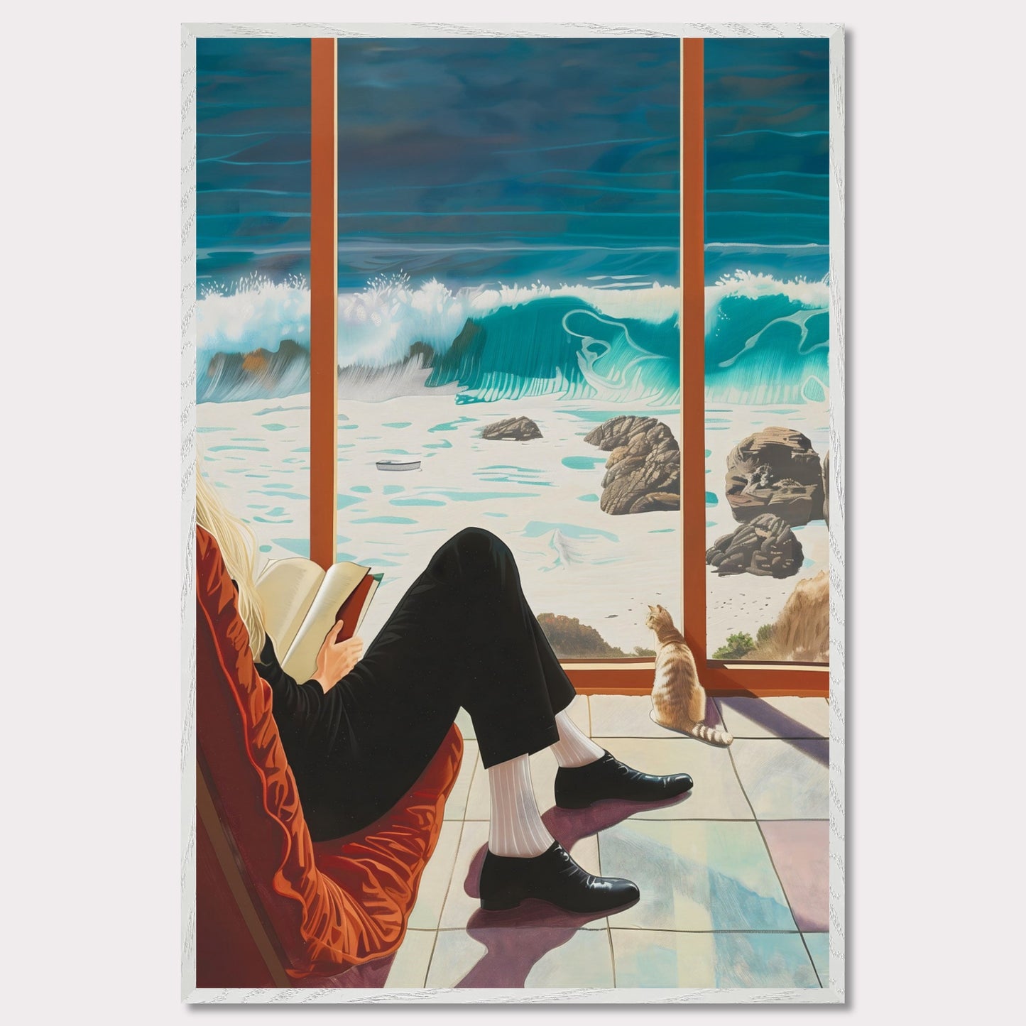 This captivating artwork depicts a serene scene where a person is sitting comfortably by a large window, reading a book. Outside, the ocean waves crash against the rocky shore, creating a mesmerizing view. A cat sits by the window, also gazing at the beautiful seascape.