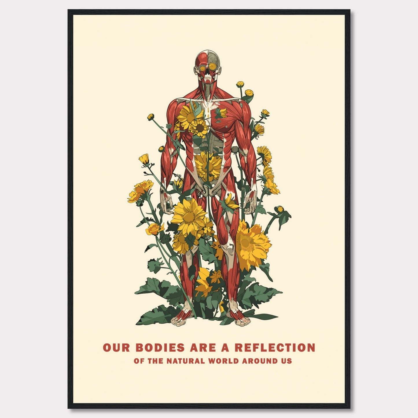 This image features a detailed anatomical illustration of a human body intertwined with vibrant yellow flowers and green foliage. The artwork highlights the connection between human anatomy and nature.