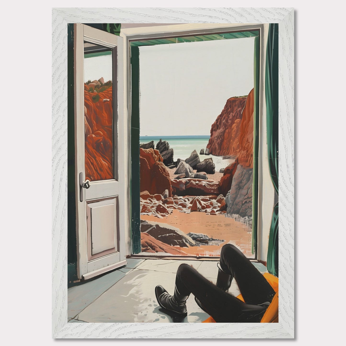 This image captures a serene view of a rocky beach through an open door. The scene is framed by the interior of a room where a person is seated, legs stretched out, possibly relaxing and enjoying the view.