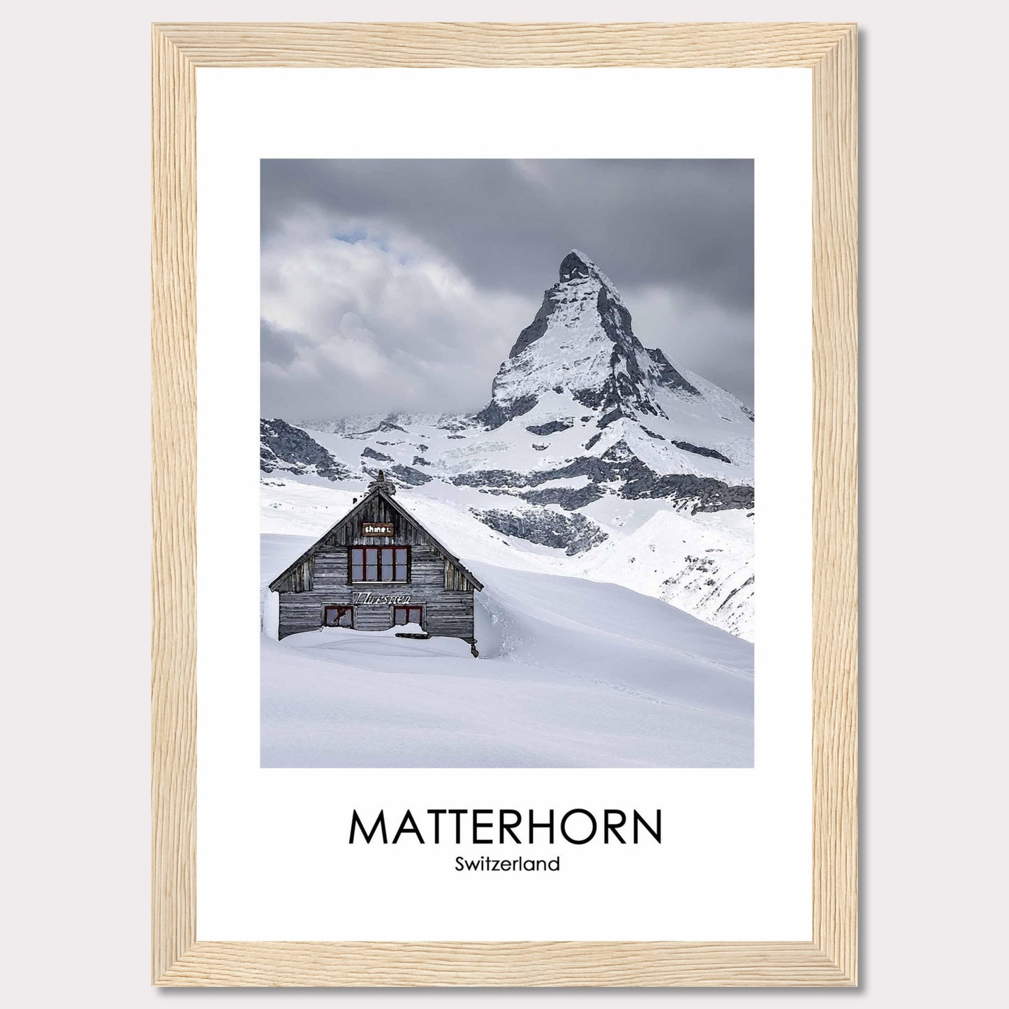 This stunning photograph captures the iconic Matterhorn in Switzerland, with a charming wooden cabin nestled in the snow-covered landscape. The majestic peak rises dramatically against a cloudy sky, creating a breathtaking scene of natural beauty.