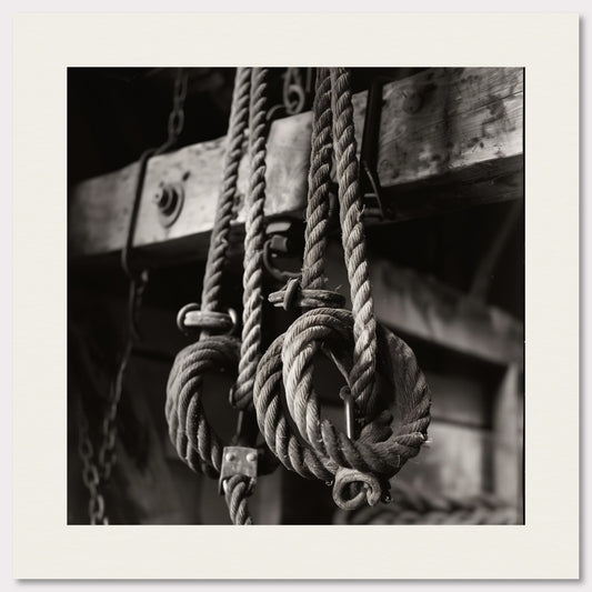 This black and white illustration depicts a close-up view of coiled ropes hanging from wooden beams, evoking a rustic or nautical theme.