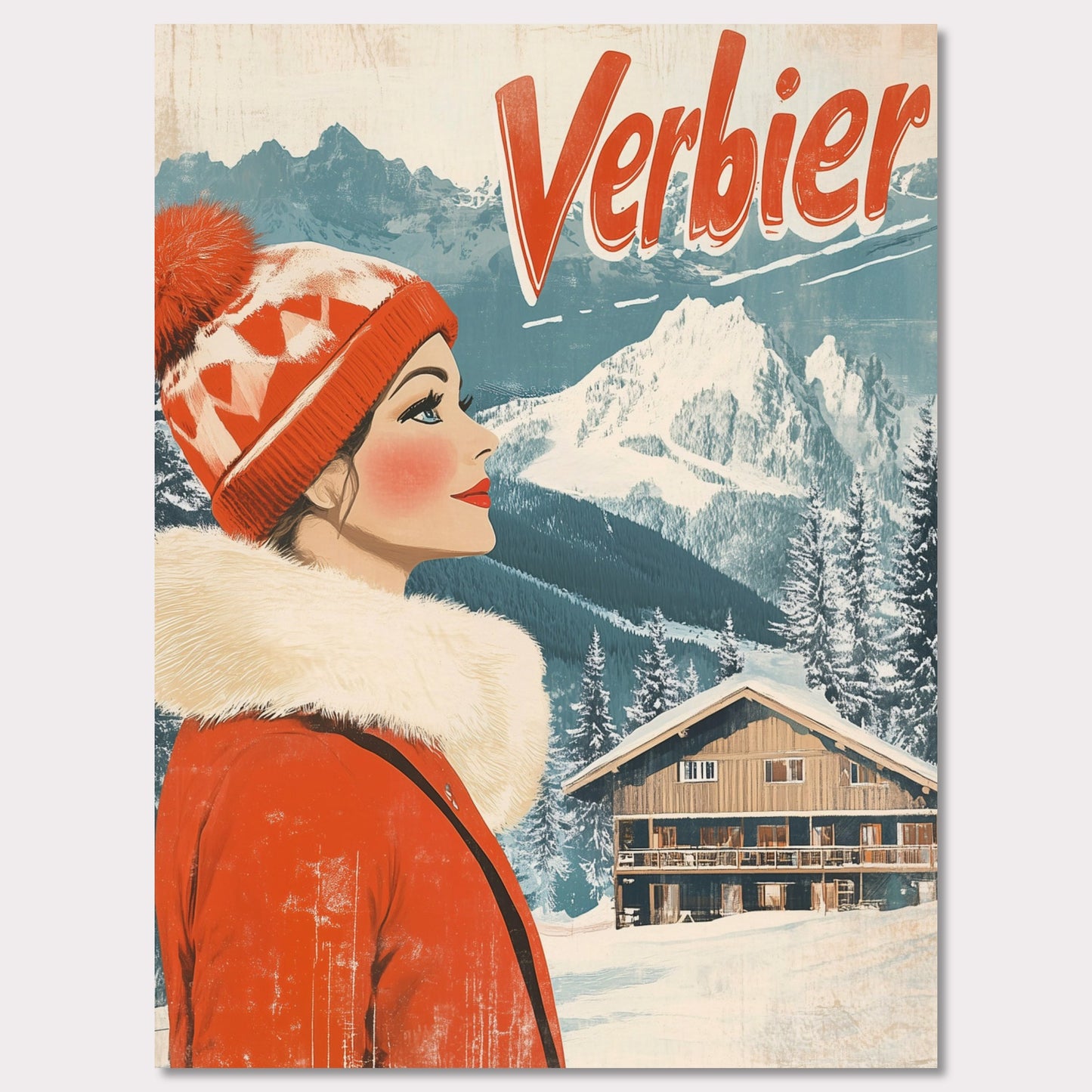 This elegant retro-style poster features a woman in a stylish red winter coat and pom-pom hat, looking towards the majestic Verbier mountains. The soft pastel tones and crisp white snow provide a serene backdrop, while the vintage design and typography evoke a sense of sophistication and timeless charm. The poster conveys the allure of Verbier as both an adventure and a refined escape into nature’s beauty.