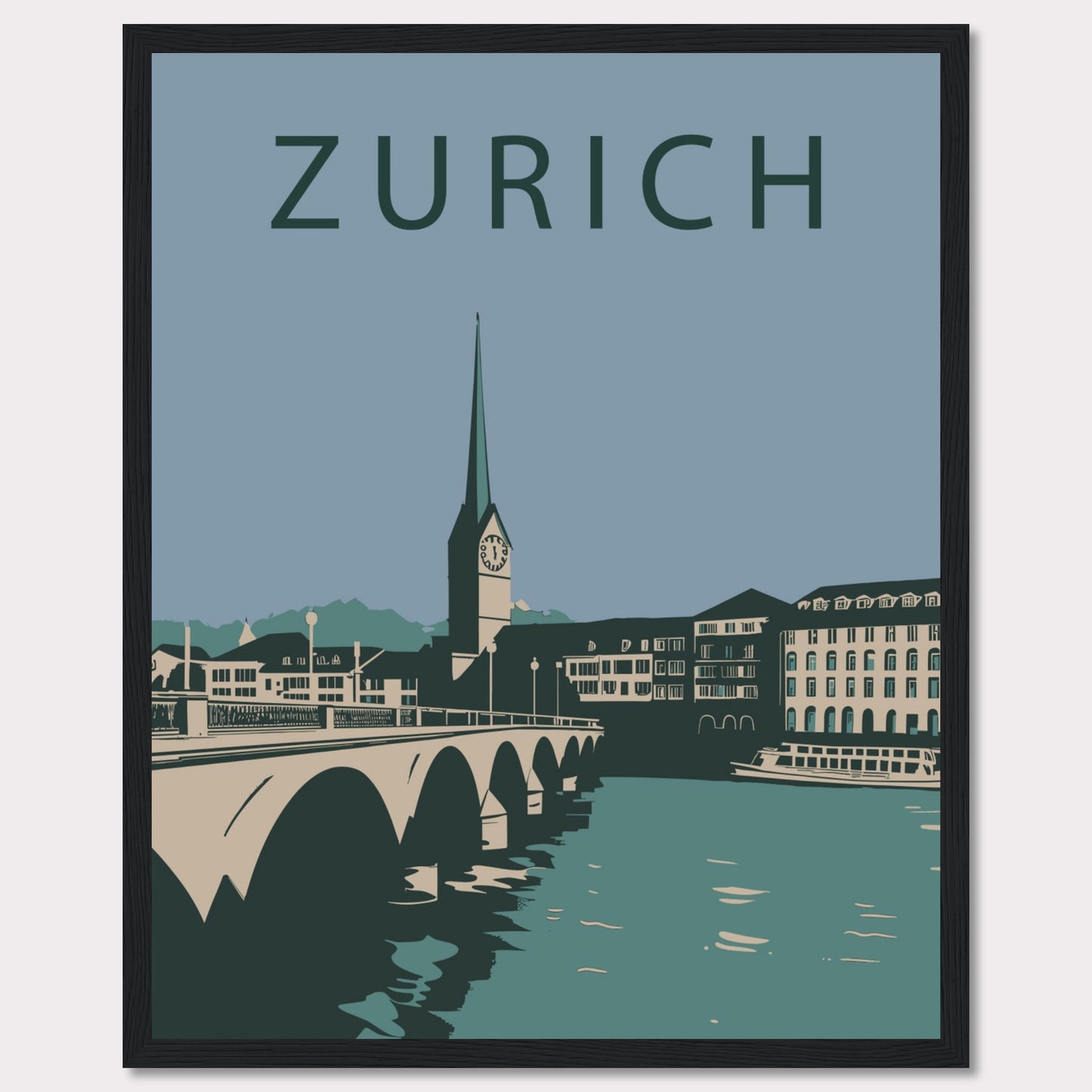 This poster features a serene illustration of Zurich, showcasing its iconic architecture and tranquil river scene.