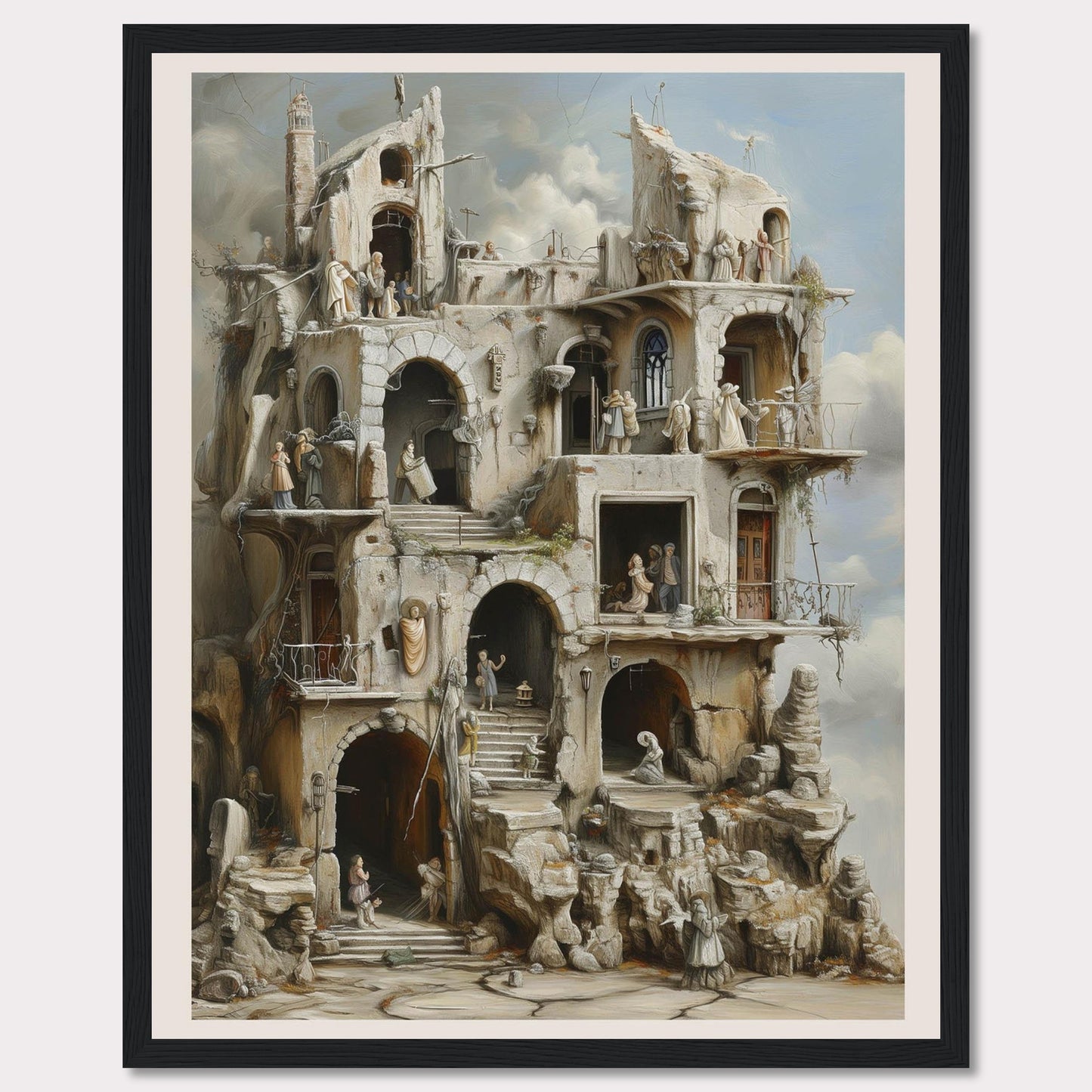 This captivating artwork portrays a surreal, multi-level structure with intricate details and numerous figures engaged in various activities. The scene exudes a sense of mystery and timelessness.