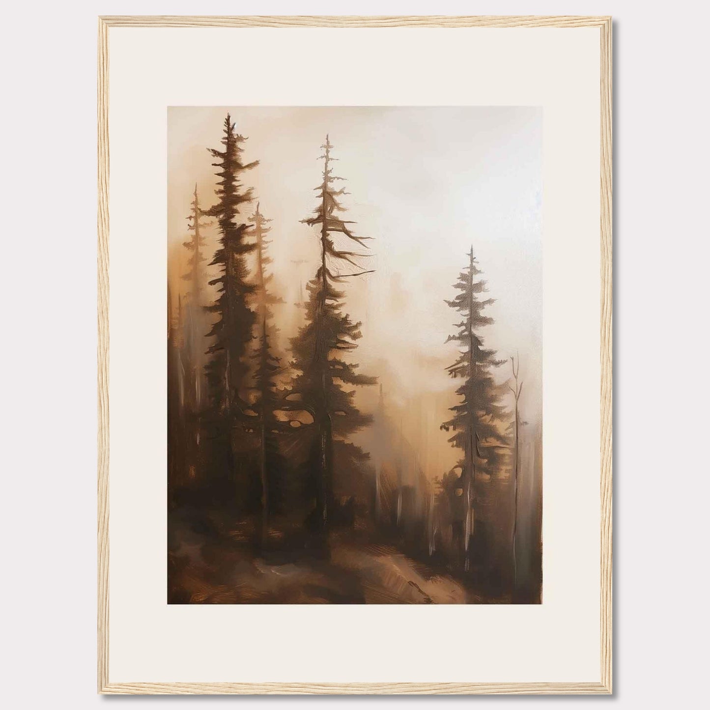 This captivating artwork features a serene forest scene enveloped in mist, evoking a sense of tranquility and mystery. The tall, slender trees stand majestically, their branches reaching out into the foggy atmosphere. The soft, warm hues create a calming ambiance, making it a perfect addition to any living space.