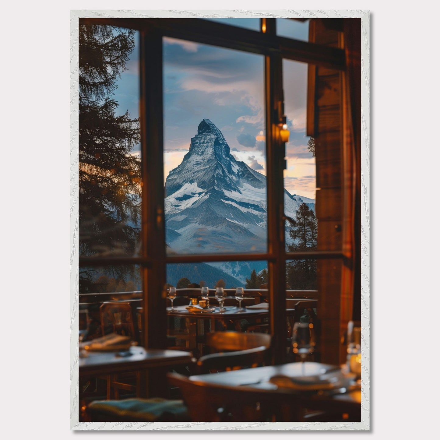 Experience the breathtaking view of a majestic mountain peak through the windows of a cozy restaurant. The scene captures the tranquility and grandeur of nature, inviting you to unwind and savor the moment.