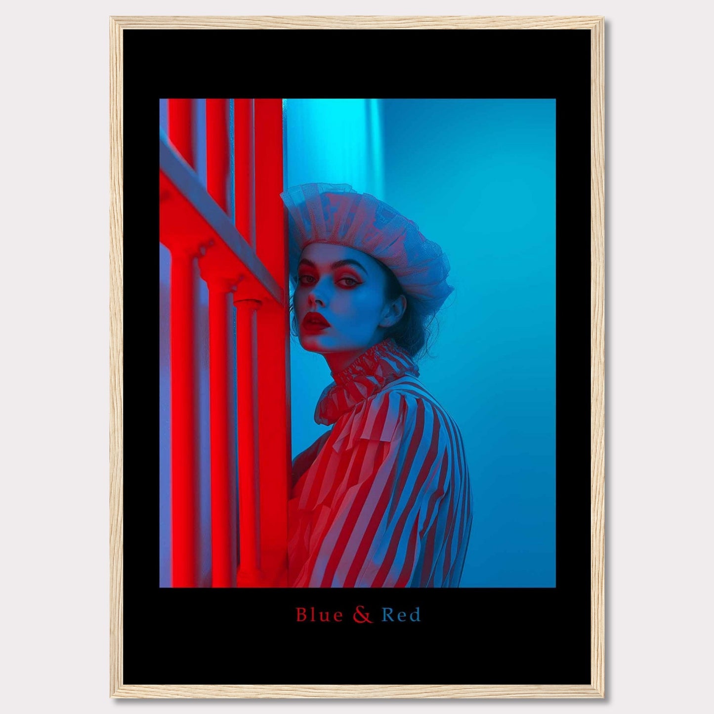 This striking poster features a dramatic portrait of a woman illuminated in contrasting blue and red lighting. The subject is dressed in a striped outfit and a sheer headpiece, creating a bold and artistic visual effect.