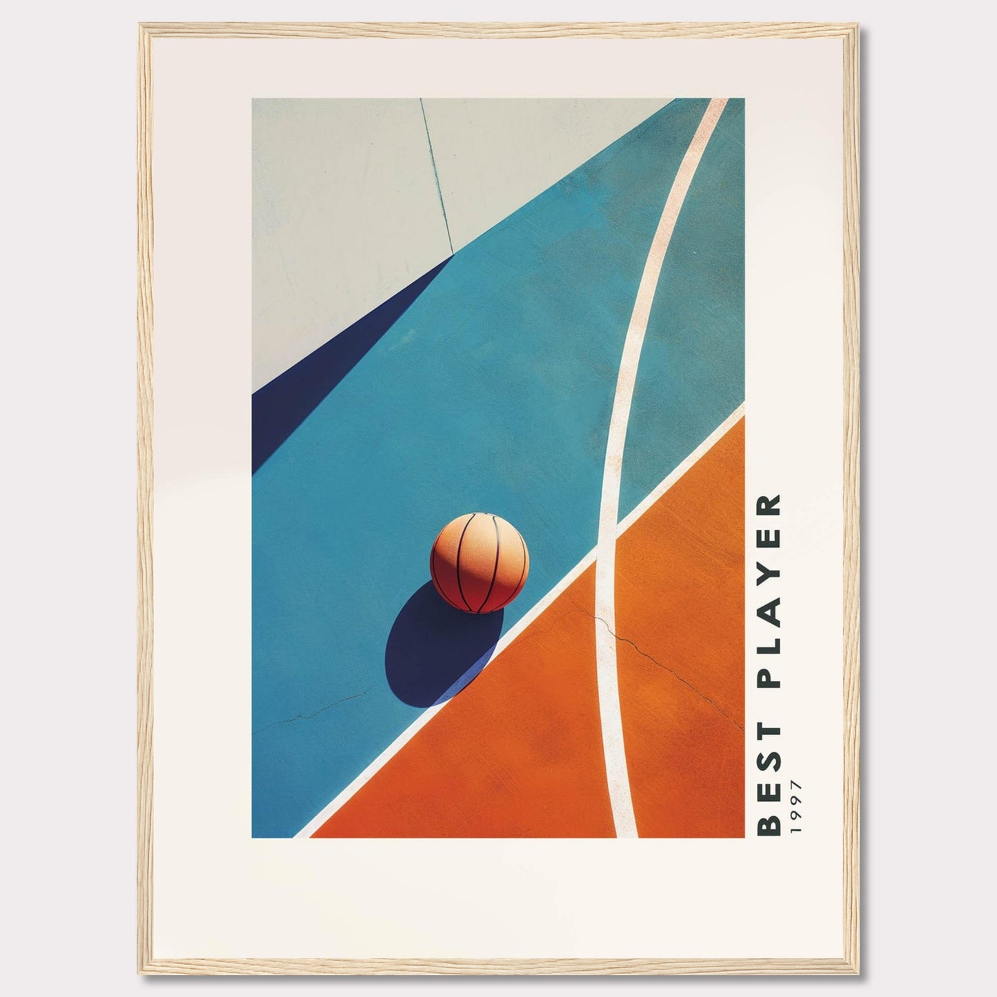 This striking poster features a basketball resting on a vibrant court, divided into bold blue and orange sections. The image is framed in black, with the text "BEST PLAYER 1997" vertically aligned on the right side.