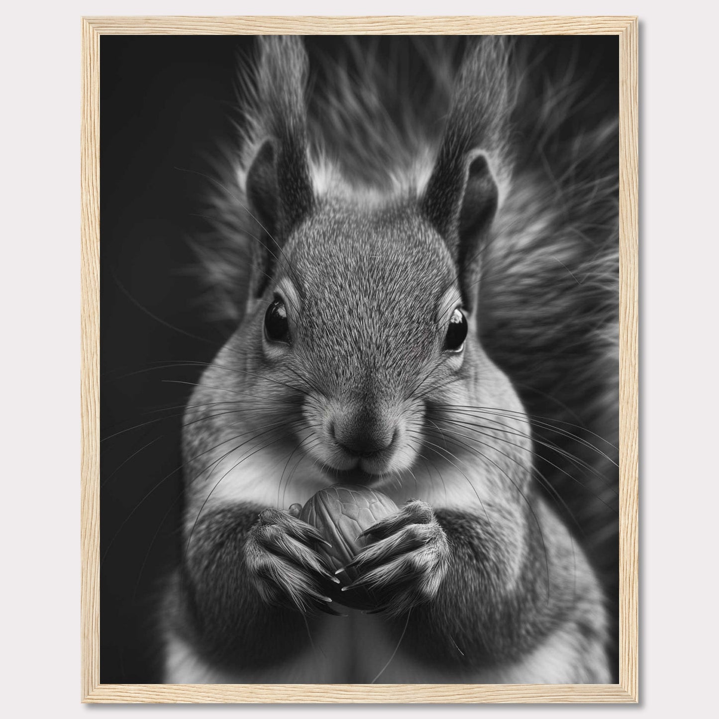 This captivating black and white photograph showcases a close-up of a squirrel holding a nut. The fine details of the squirrel's fur and the texture of the nut are beautifully highlighted, creating a striking contrast against the dark background. The squirrel's focused gaze adds an element of intensity to the image.