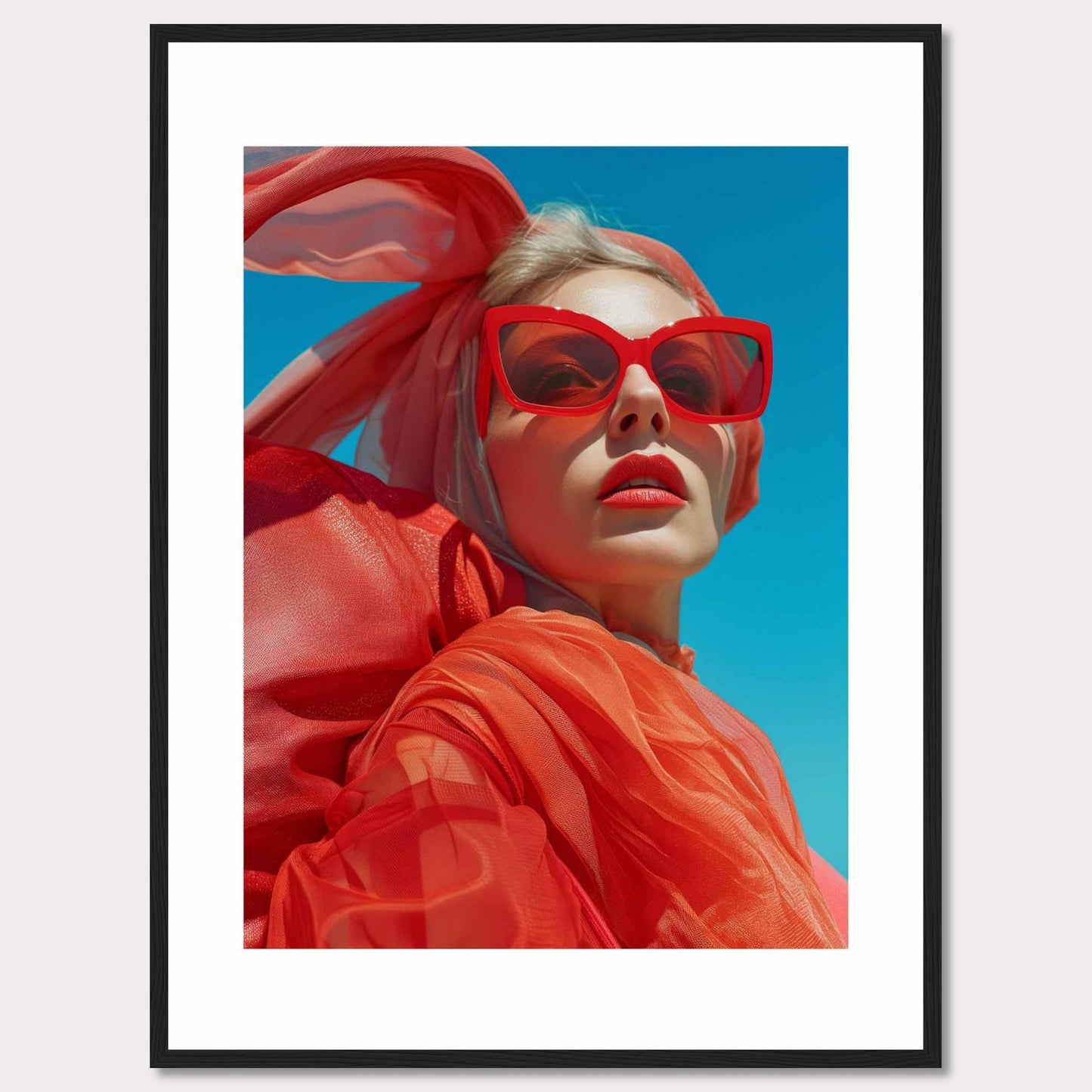 This striking photo features a confident woman wearing bold red sunglasses and a matching headscarf against a vibrant blue sky. The image is framed in a sleek black border, enhancing its modern aesthetic.