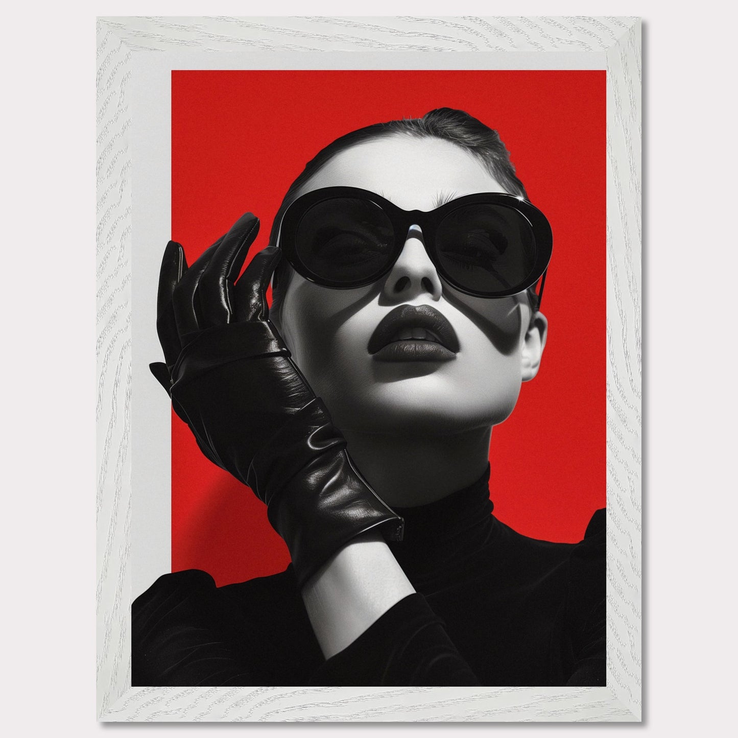 This striking black and white portrait features a stylish woman against a bold red background. Her look is accentuated by oversized sunglasses, dark lipstick, and sleek leather gloves, exuding an air of mystery and sophistication.