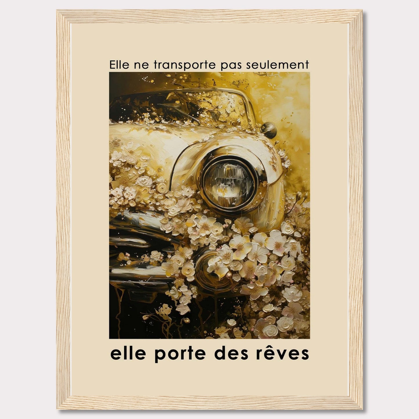 This image features a vintage car adorned with an abundance of delicate flowers, creating a dreamy and nostalgic atmosphere. The text above the image reads "Elle ne transporte pas seulement," and below it says "elle porte des rêves," translating to "It doesn't just transport, it carries dreams."