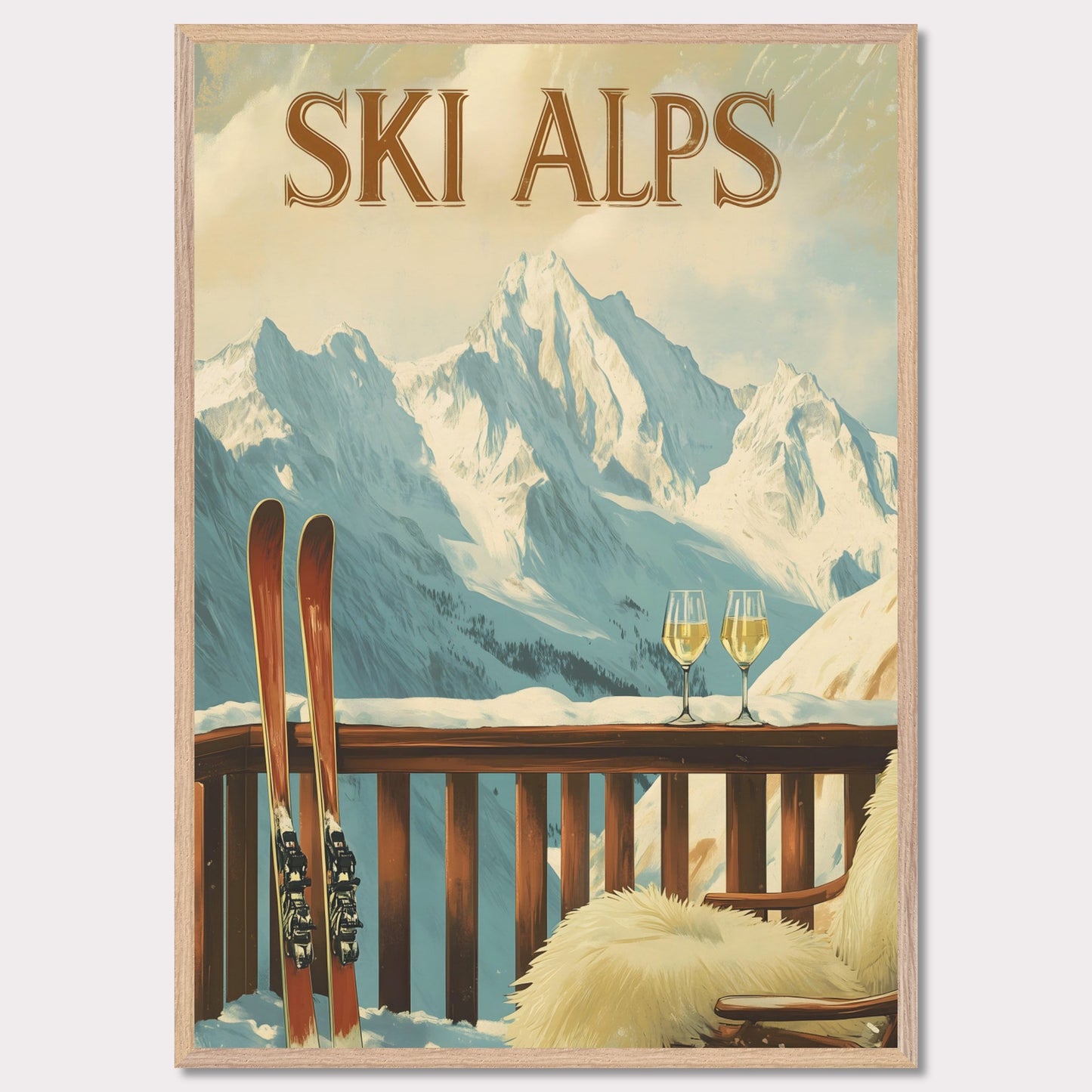 This soothing poster transports you to a tranquil alpine terrace with a breathtaking view of snow-covered peaks. A wooden chair draped in soft fur and paired with two glasses of sparkling wine sets the tone for a peaceful and intimate winter retreat.