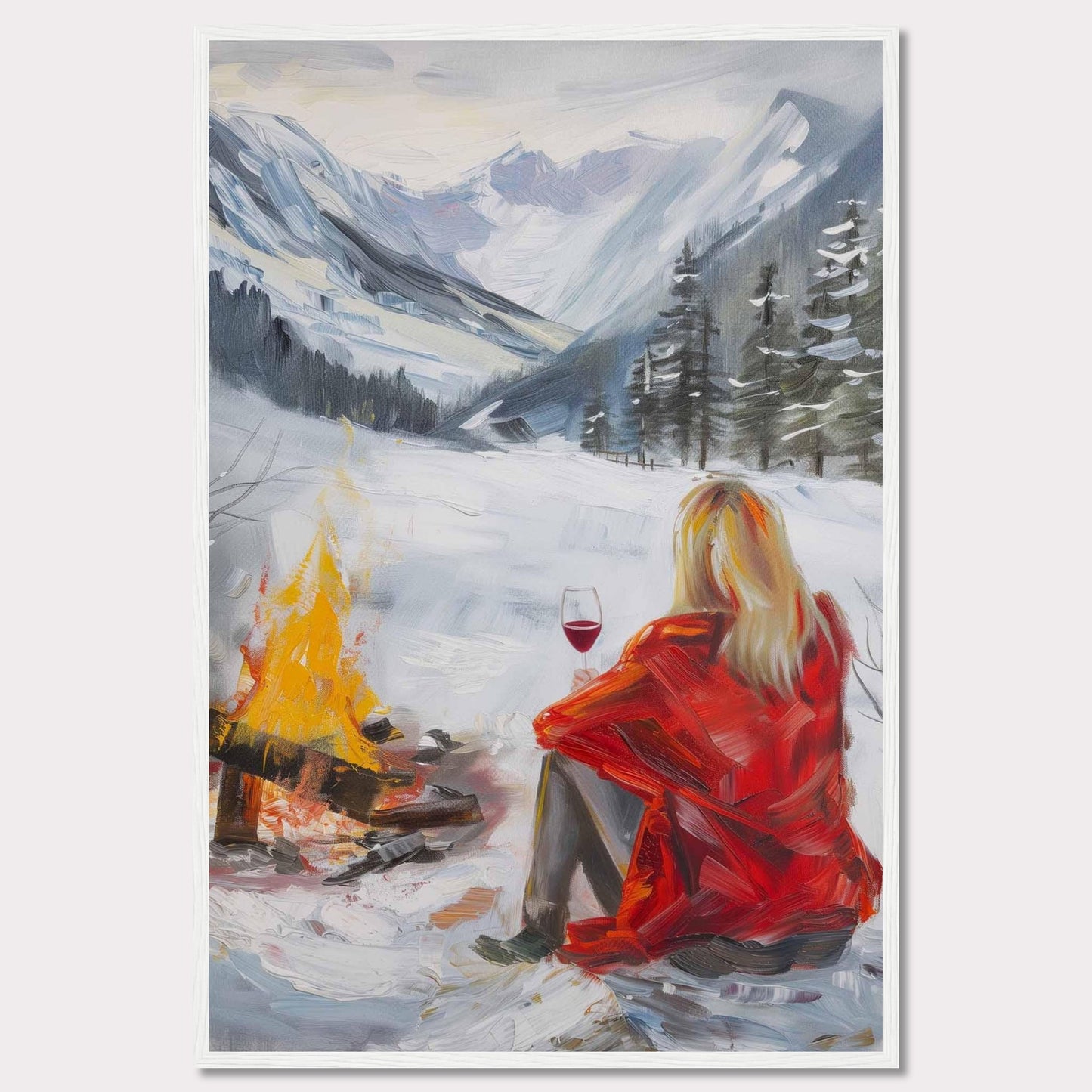 This painting captures a serene winter scene where a person in a red coat sits by a campfire, enjoying a glass of wine amidst a snowy landscape. The backdrop features majestic snow-covered mountains and evergreen trees.