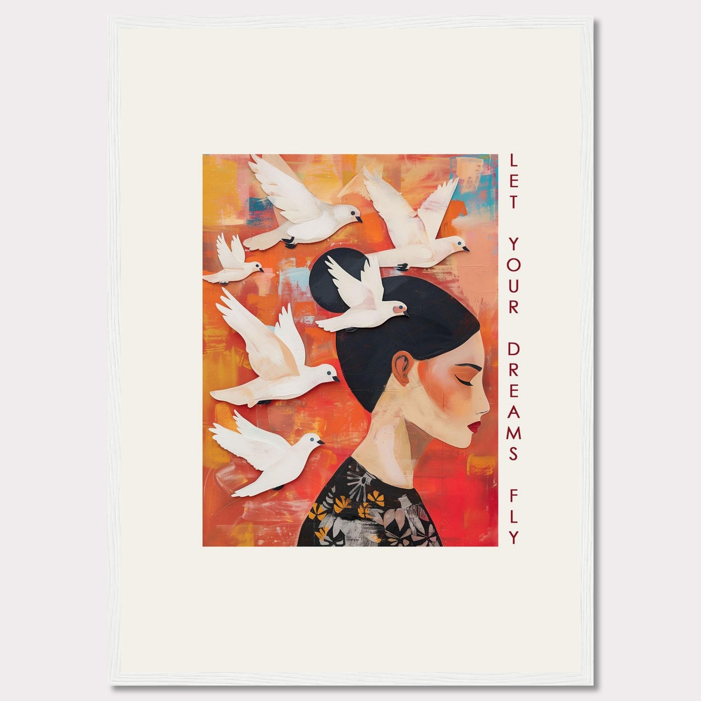 This vibrant artwork features a serene woman with her eyes closed, surrounded by white doves flying against a colorful background. The words "Let Your Dreams Fly" are written vertically along the right side, inspiring viewers to pursue their aspirations.