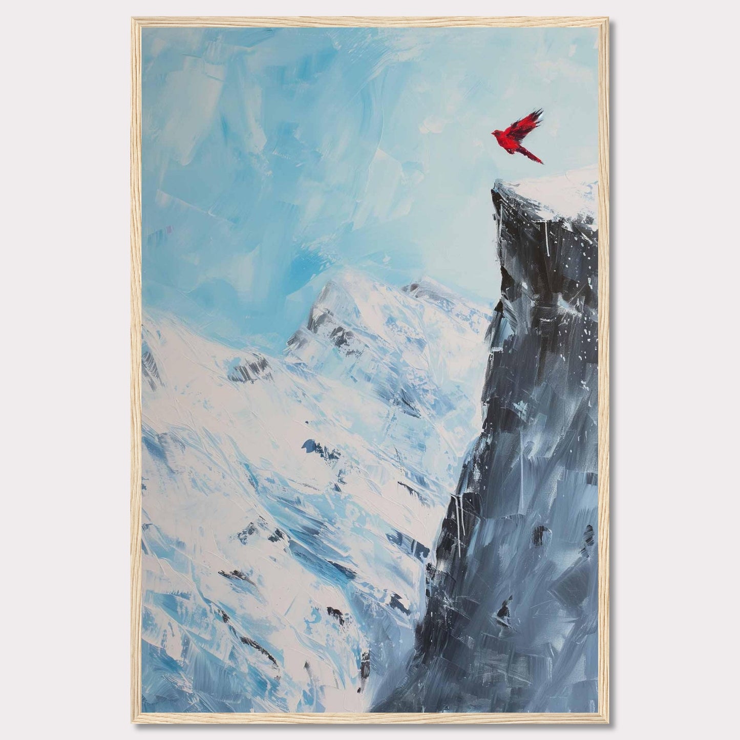 This stunning artwork captures a vibrant red bird soaring above a majestic snow-covered mountain peak, set against a serene blue sky. The contrast between the vivid bird and the icy landscape creates a striking visual impact.