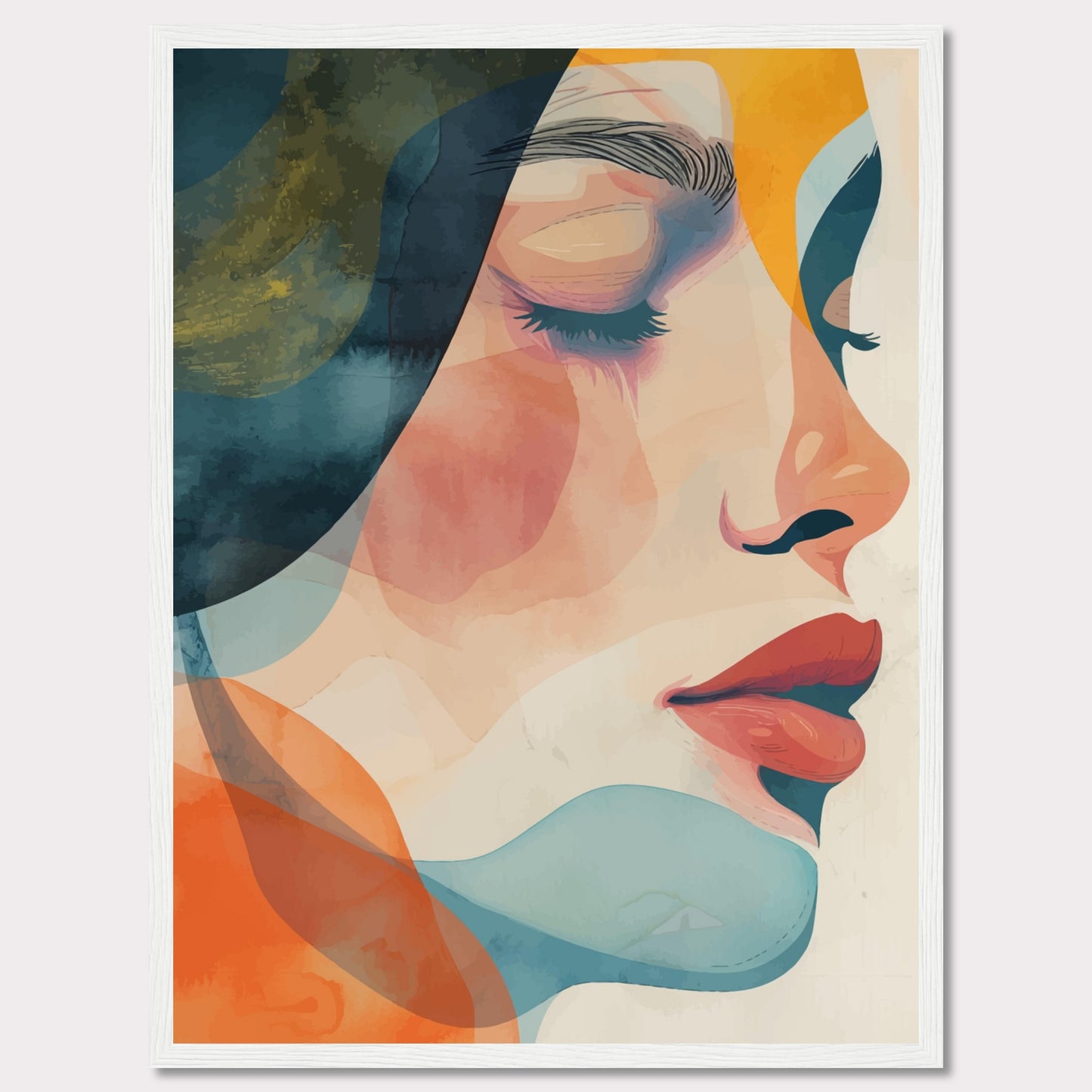 This captivating artwork features a serene profile of a woman's face, rendered in a vibrant mix of abstract colors. The composition highlights her closed eyes and calm expression, evoking a sense of tranquility and introspection.