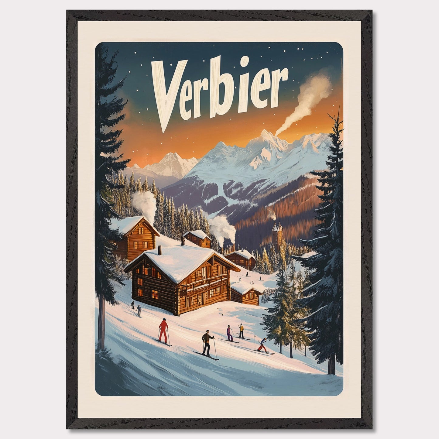 This captivating poster encapsulates the serene beauty of Verbier, with its snow-covered chalets nestled against a backdrop of fiery alpine sunsets. The scene showcases the perfect blend of adventure and tranquility, featuring skiers gliding down gentle slopes surrounded by towering pine trees and a distant view of a majestic mountain range. The soft, glowing hues of the evening sky bring warmth to this winter wonderland.