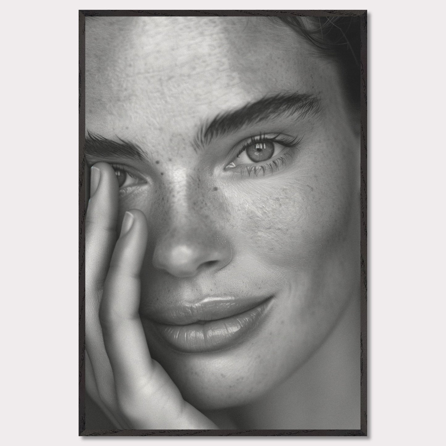 This striking black and white portrait captures the serene expression of a person with captivating eyes and natural freckles. The close-up shot highlights the texture of the skin and the subtle details of the face, creating an intimate and powerful image.