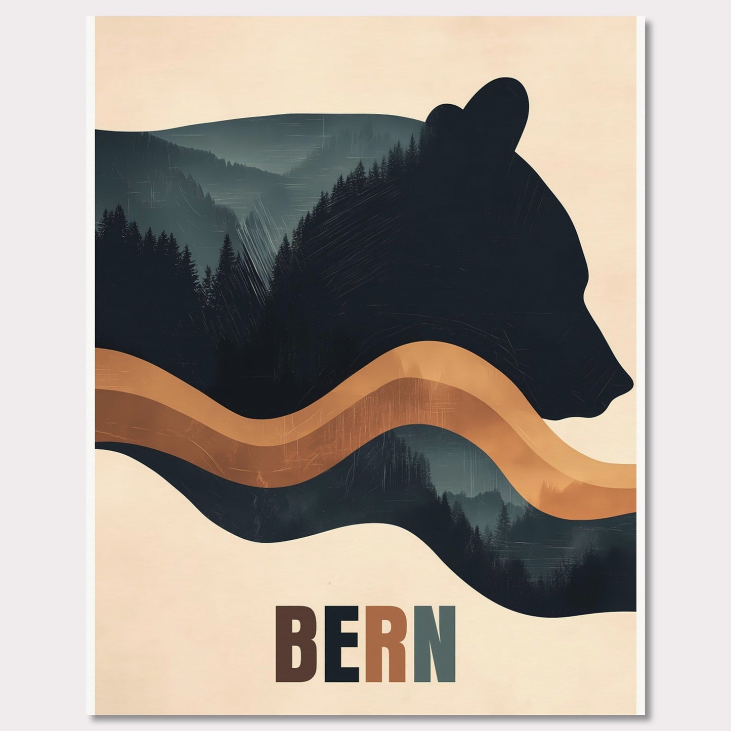 This elegant poster captures the harmony between nature and Bern’s cultural heritage. The silhouette of a bear, the city’s symbol, seamlessly blends with dense forests and flowing lines, creating a sense of tranquility and connection with the surroundings. The minimalist style and warm color palette give the artwork a modern aesthetic.