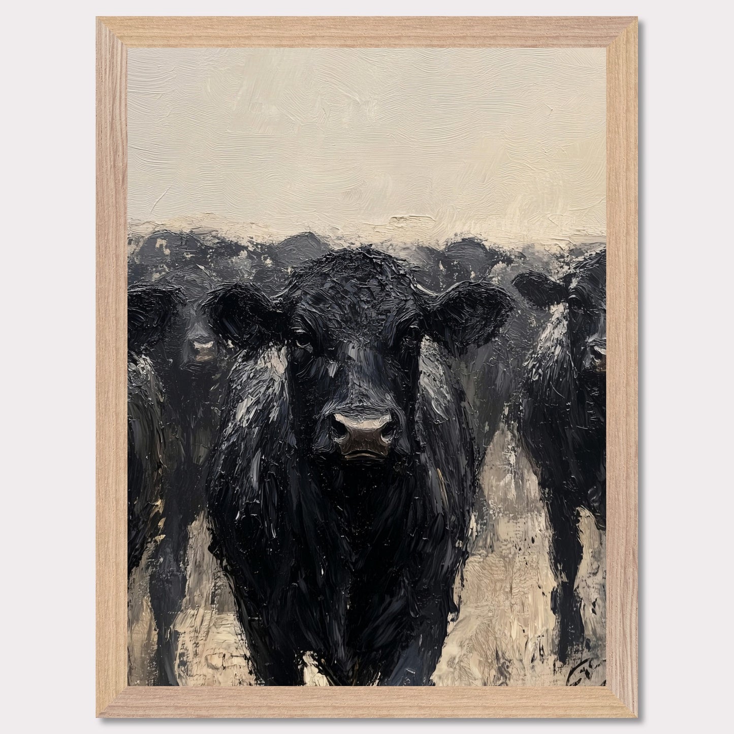 This striking painting captures the intense gaze of a black cow, surrounded by its herd. The textured brushstrokes and muted color palette create a powerful and captivating image.