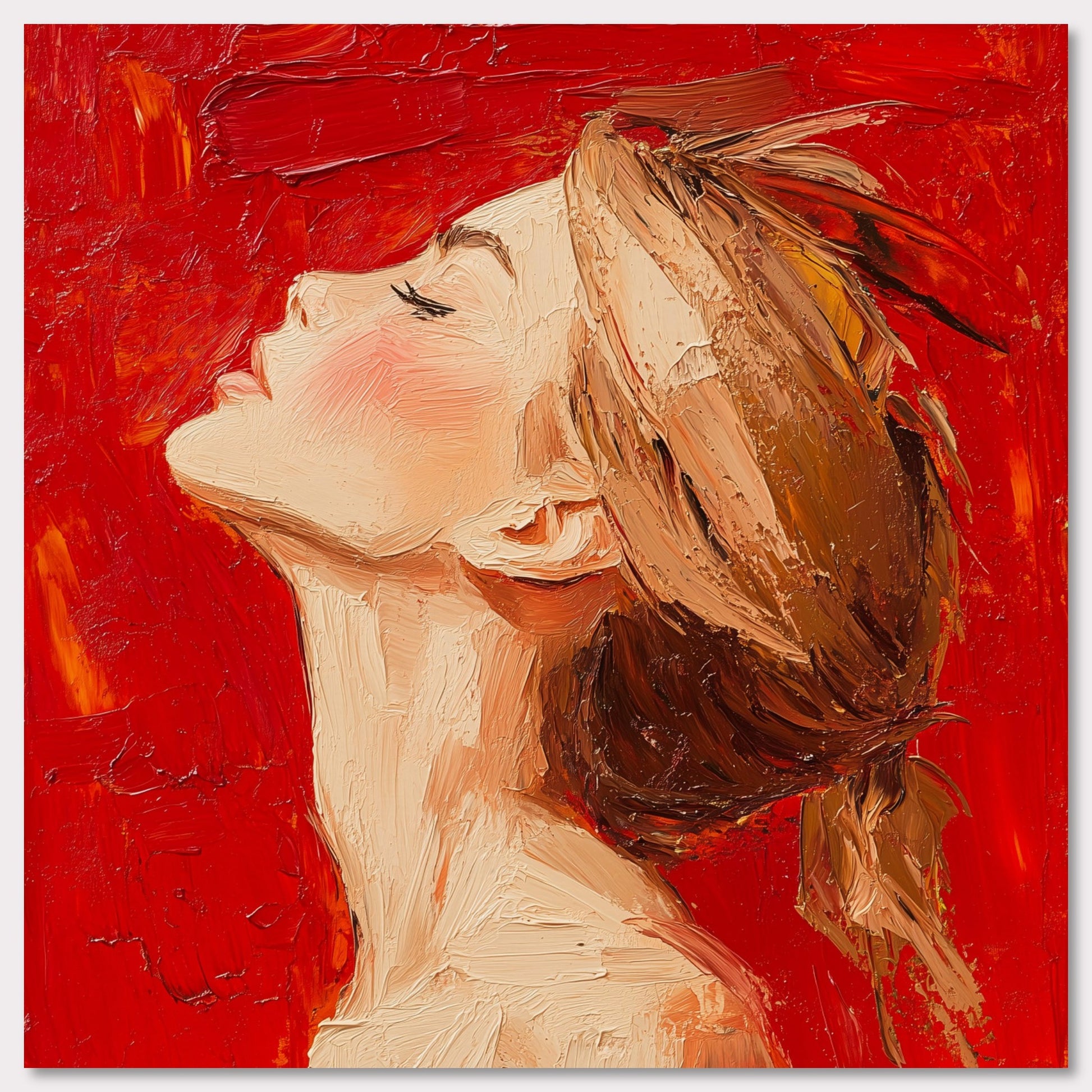 This is an illustration of a woman with her head tilted back and eyes closed, set against a vibrant red background. The artwork is characterized by thick, textured brushstrokes that give it a dynamic and expressive quality.