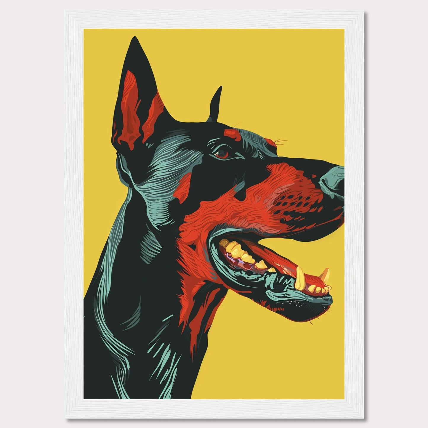 This vibrant artwork features a striking, stylized portrait of a Doberman against a bold yellow background. The detailed illustration showcases the dog's fierce expression with vivid red and black hues, emphasizing its strong and dynamic presence. The piece is framed in a sleek black border, enhancing its modern aesthetic.