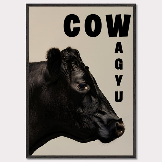 This image features a close-up profile of a black cow against a neutral background. The word "COW" is prominently displayed in bold black letters at the top, while the word "WAGYU" is arranged vertically on the right side.