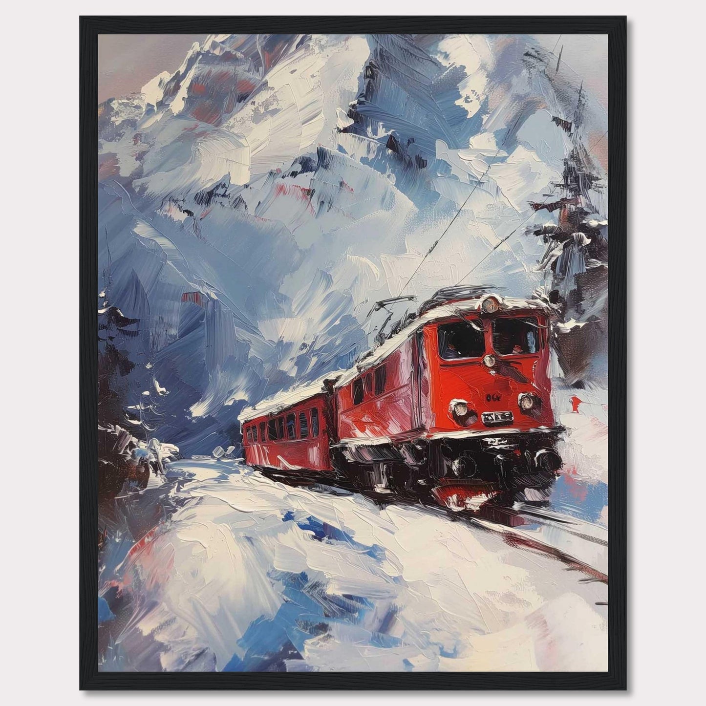 This stunning painting captures a vibrant red train journeying through a snowy mountain landscape. The dynamic brushstrokes convey the movement and energy of the scene, while the towering snow-covered peaks create a breathtaking backdrop.