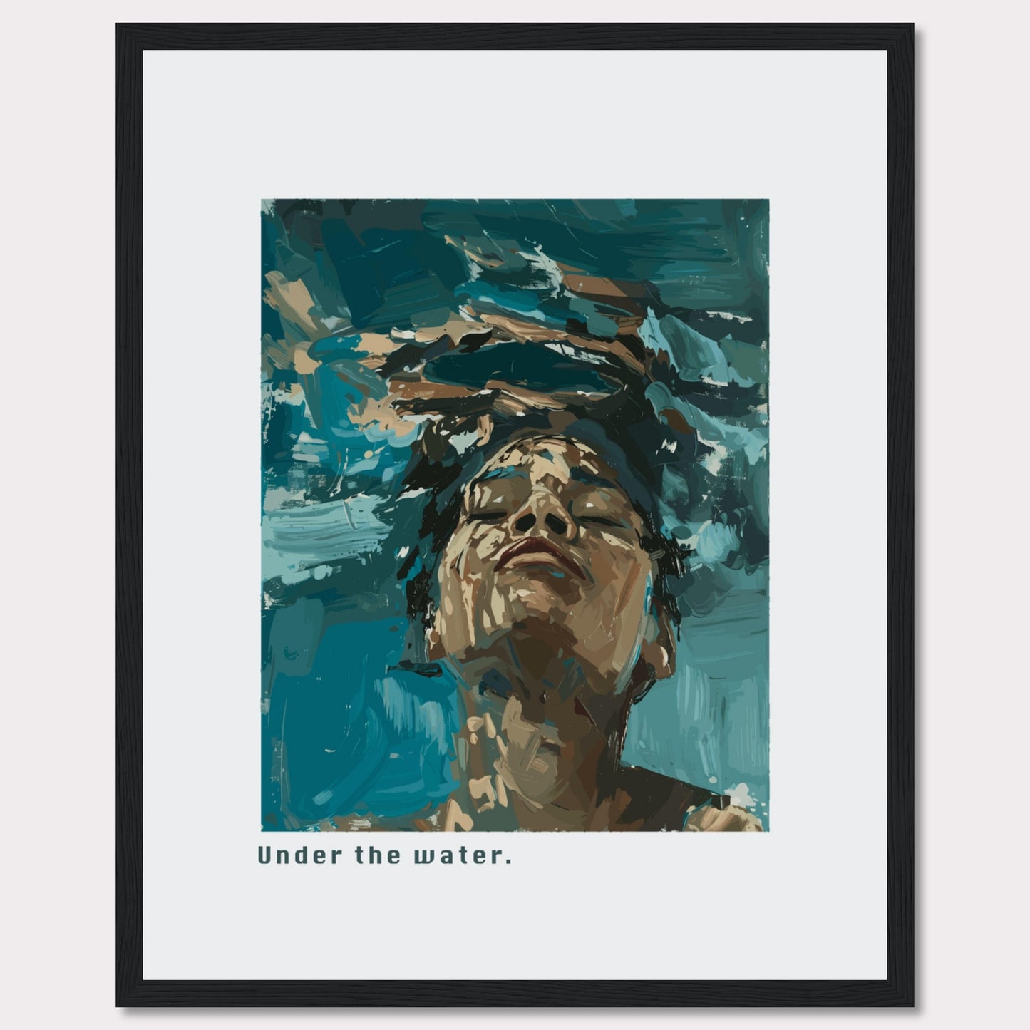 This captivating artwork depicts a serene moment of tranquility and introspection. The image shows a person submerged in water, their face emerging towards the surface, eyes closed in a peaceful expression.