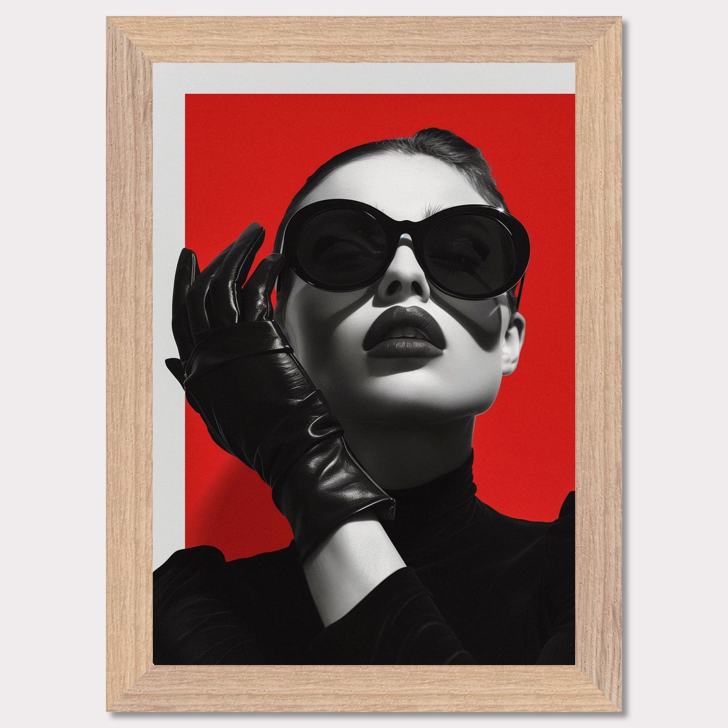 This striking black and white portrait features a stylish woman against a bold red background. Her look is accentuated by oversized sunglasses, dark lipstick, and sleek leather gloves, exuding an air of mystery and sophistication.