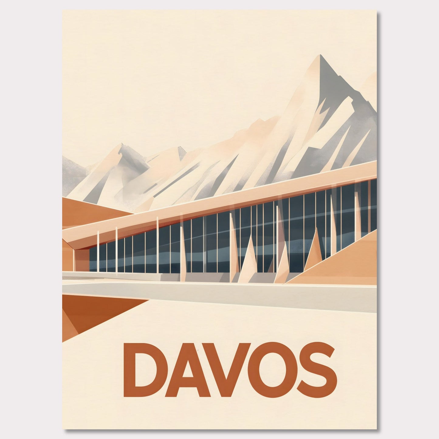 An artistic depiction of Davos, where a contemporary structure stretches along the base of snow-covered peaks. The smooth design of the building complements the sharp mountain ridges, creating a stunning contrast.