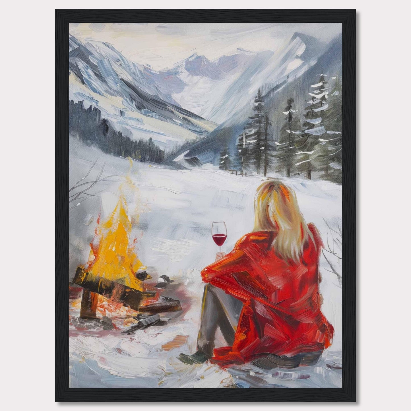 This painting captures a serene winter scene where a person in a red coat sits by a campfire, enjoying a glass of wine amidst a snowy landscape. The backdrop features majestic snow-covered mountains and evergreen trees.