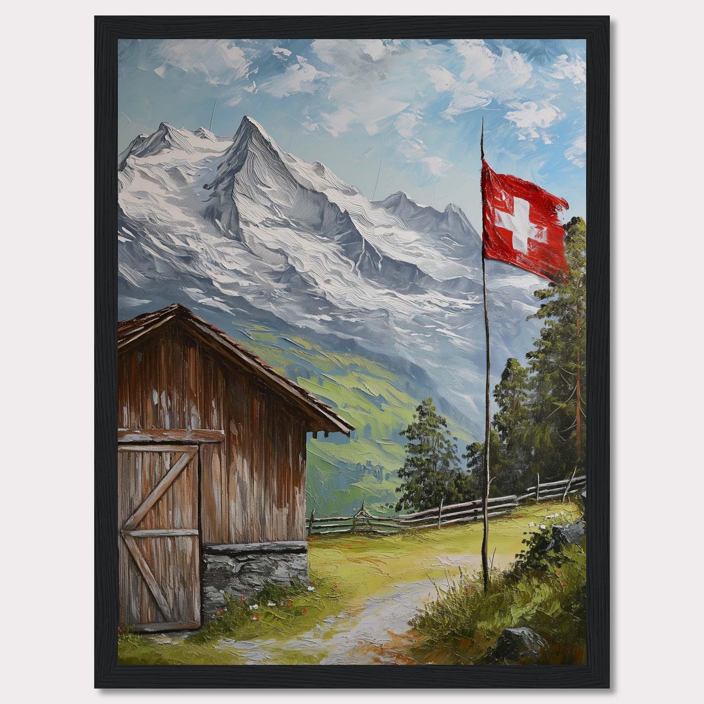 This image depicts a serene mountain scene with a rustic wooden cabin, a Swiss flag fluttering in the breeze, and majestic snow-capped peaks in the background. The lush greenery and clear blue sky add to the tranquil atmosphere.