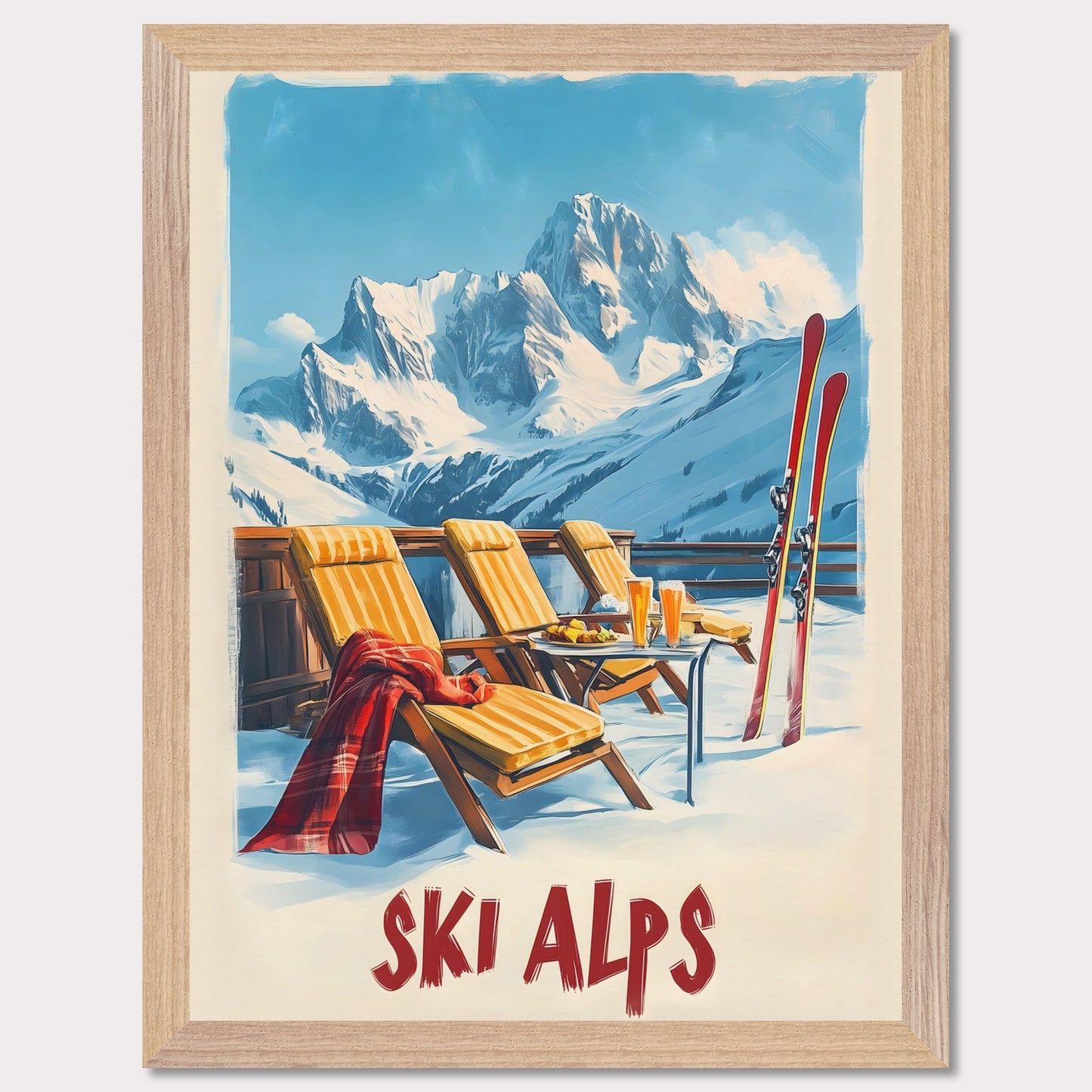 This vibrant poster captures the joy of a sunlit winter day in the Alps. Relaxation takes center stage with inviting lounge chairs draped in cozy blankets, complemented by refreshing beverages and a mountain backdrop that stretches into the clear blue sky.