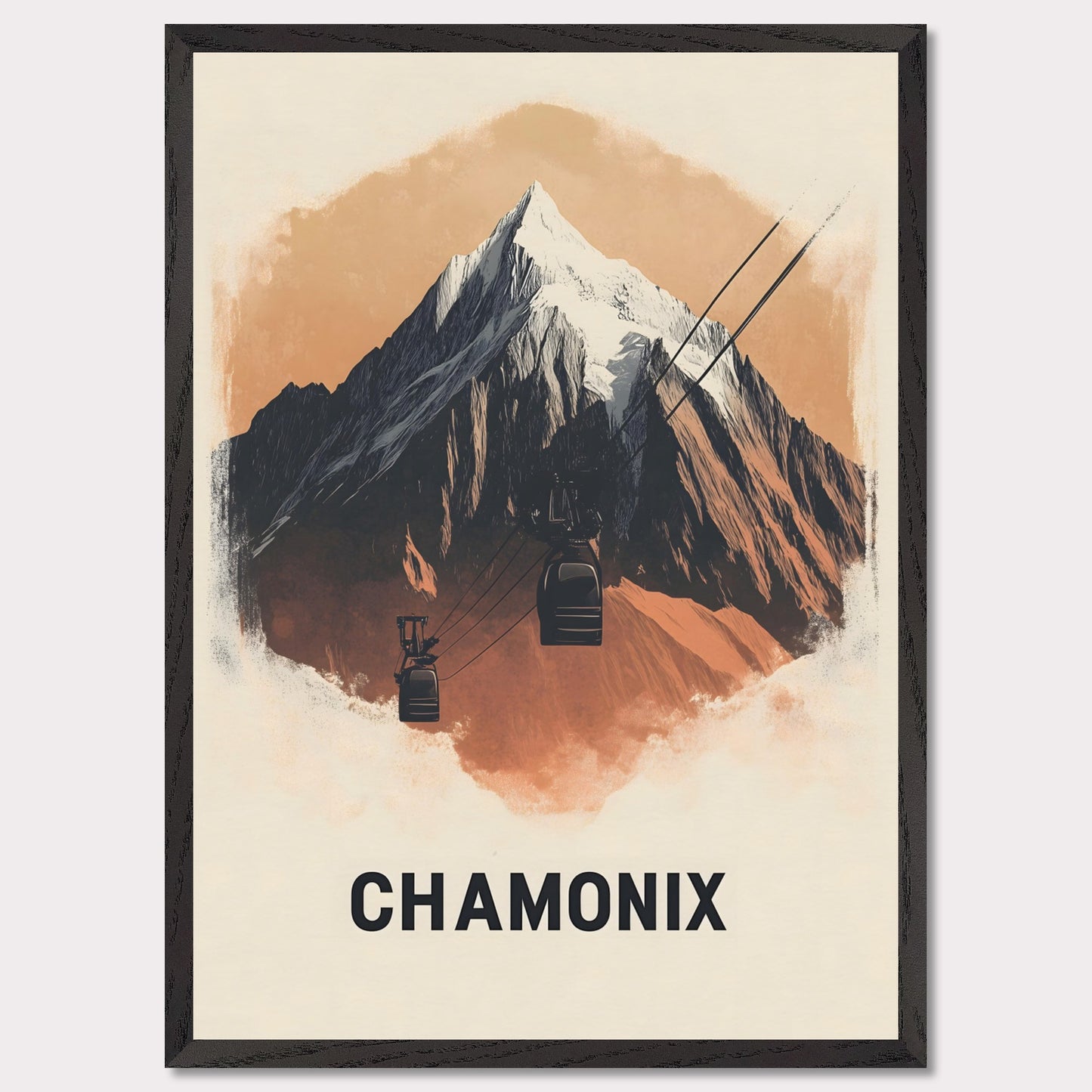 This minimalist poster artfully presents Chamonix, France, a legendary alpine destination known for its dramatic peaks and thrilling ski slopes. The sharp, stylized mountain silhouette contrasts beautifully with the soft sky, creating a bold yet harmonious composition. The subtle shading adds depth, bringing the grandeur of Mont Blanc to life.