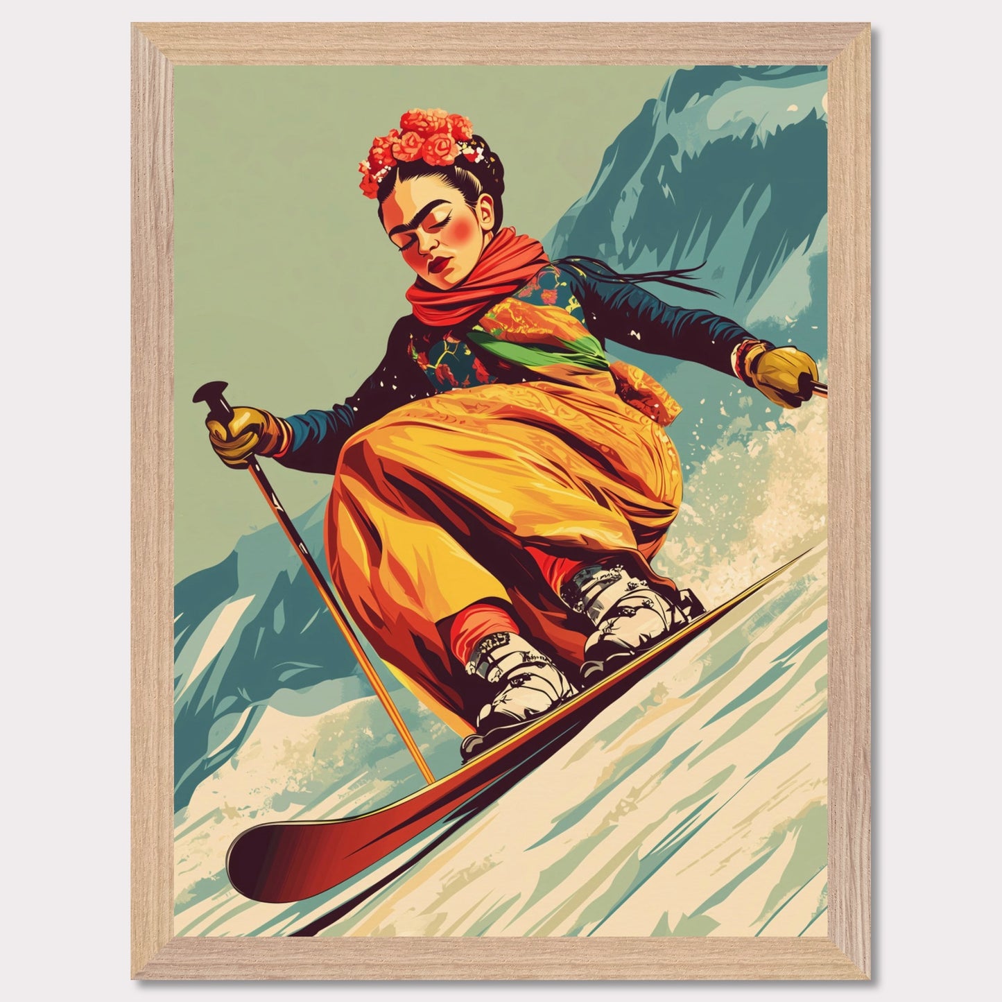 This captivating and artistic poster features Frida Kahlo skiing down a snow-covered slope, embracing both the thrill of winter sports and the vibrancy of her unique style. With a floral crown and colorful attire, Frida brings her creativity and strength to the slopes of the mountains, capturing the harmony between winter adventure and artistic expression. The retro color scheme adds to the vintage charm of the poster, making it a lively and powerful statement piece.