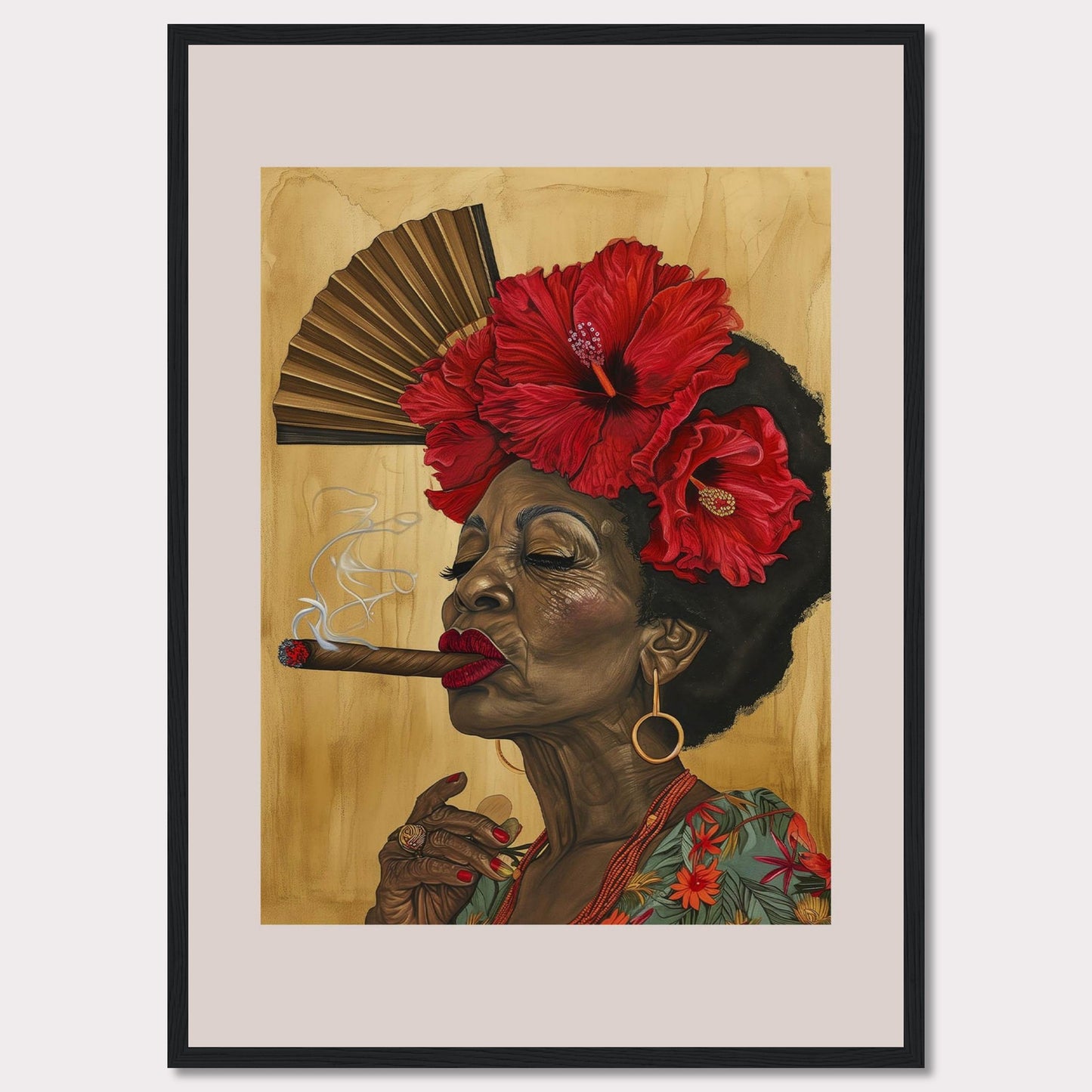 This captivating artwork features a dignified elderly woman smoking a cigar, adorned with vibrant red hibiscus flowers in her hair. Behind her, a traditional hand fan adds a touch of cultural elegance to the scene. The rich colors and intricate details bring out her character and grace.