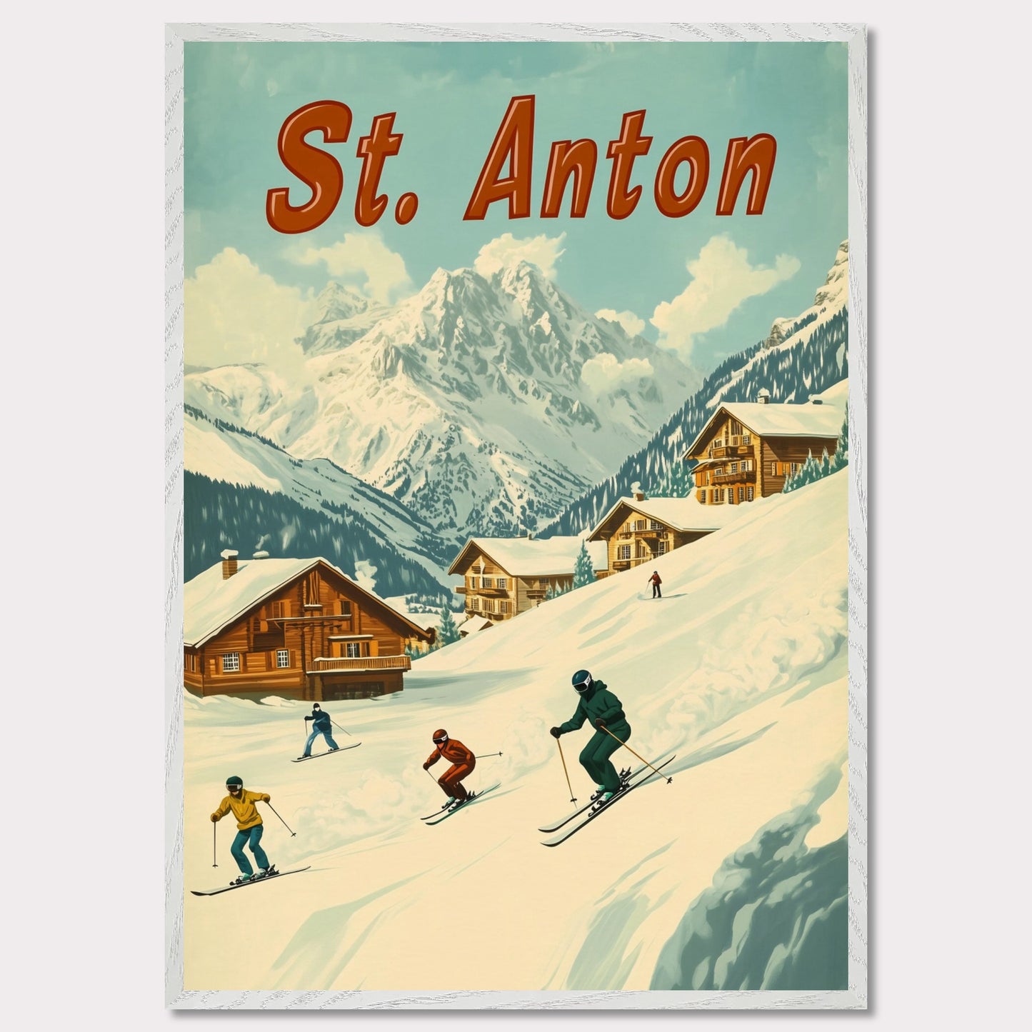 This vibrant retro-style poster captures the thrilling energy of skiing in St. Anton. The scene depicts skiers carving down the slopes, with picturesque alpine chalets nestled in the snow-covered hills and the majestic mountains towering in the background. The warm tones of the sky and the clean, crisp snow evoke the exhilarating experience of a winter sports haven. The bold retro typography adds a touch of nostalgia, perfectly highlighting the charm and adventure of St. Anton.