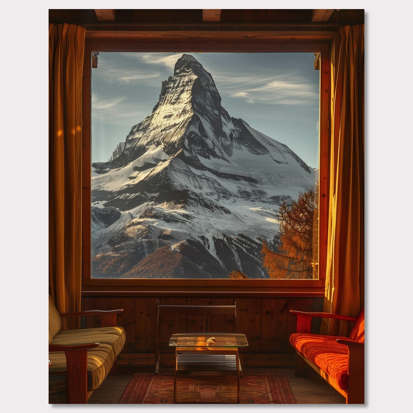 This stunning image captures a breathtaking view of a snow-capped mountain through a large window from a cozy wooden cabin. The warm interior contrasts beautifully with the majestic, cold mountain outside.