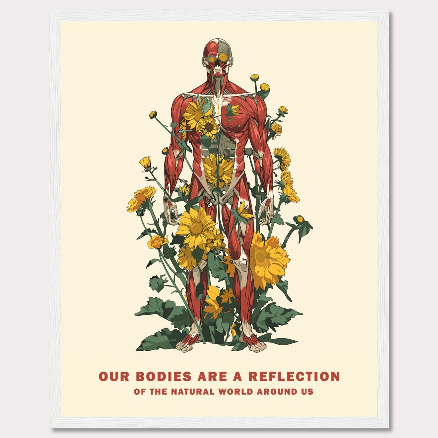 This image features a detailed anatomical illustration of a human body intertwined with vibrant yellow flowers and green foliage. The artwork highlights the connection between human anatomy and nature.