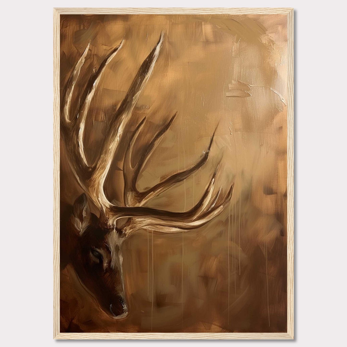 This captivating painting features a majestic deer with prominent antlers, set against a warm, earthy background. The artwork exudes a sense of tranquility and natural beauty, making it a perfect addition to any nature lover's collection.