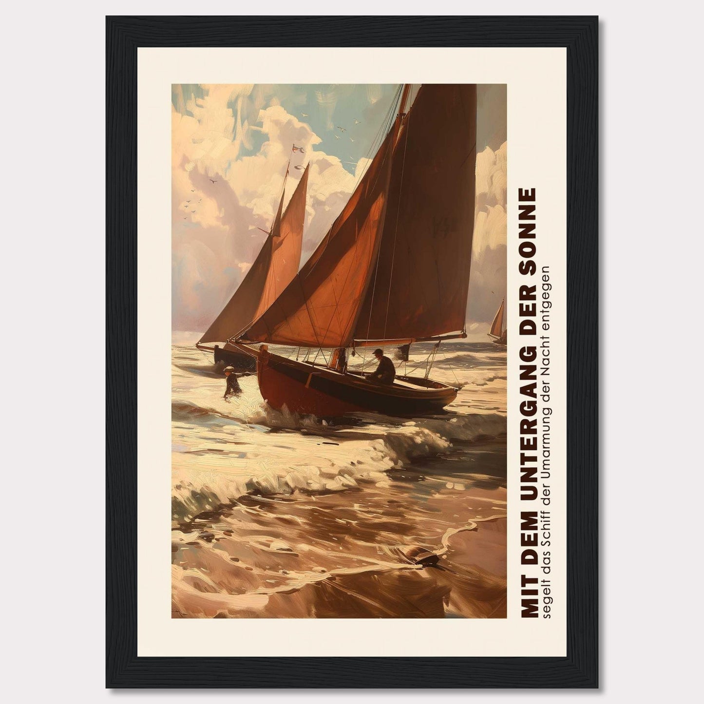 This captivating artwork depicts two sailboats navigating through the waves at sunset, with the sky painted in warm hues of orange and pink. The scene evokes a sense of adventure and tranquility as the boats head towards the horizon. The text on the side reads "MIT DEM UNTERGANG DER SONNE segelt das Schiff der Umarmung der Nacht entgegen," which translates to "With the setting of the sun, the ship sails towards the embrace of the night."